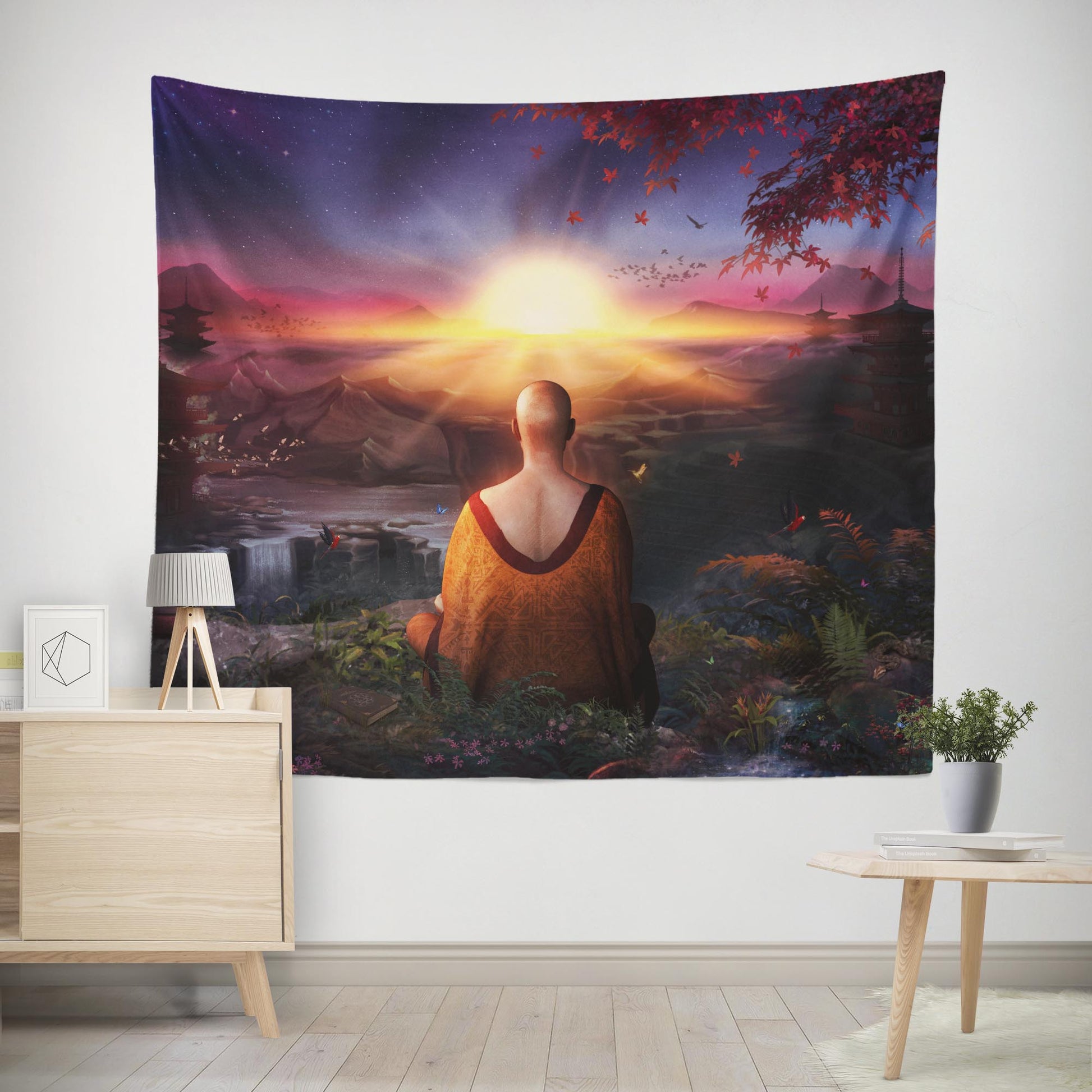 Buddhist Monk meditating at sunset wall tapestry