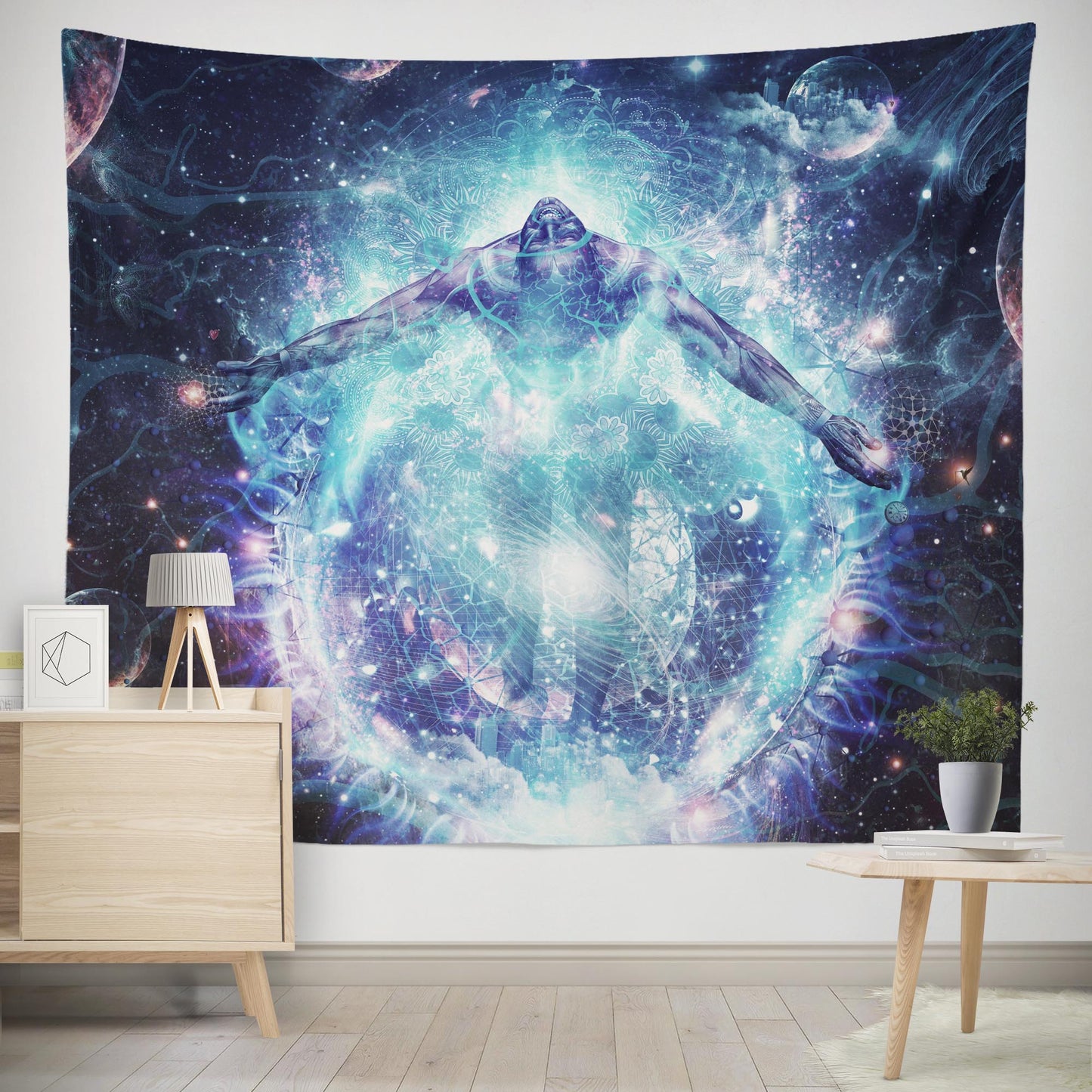 Large trippy wall tapestry of person ascending