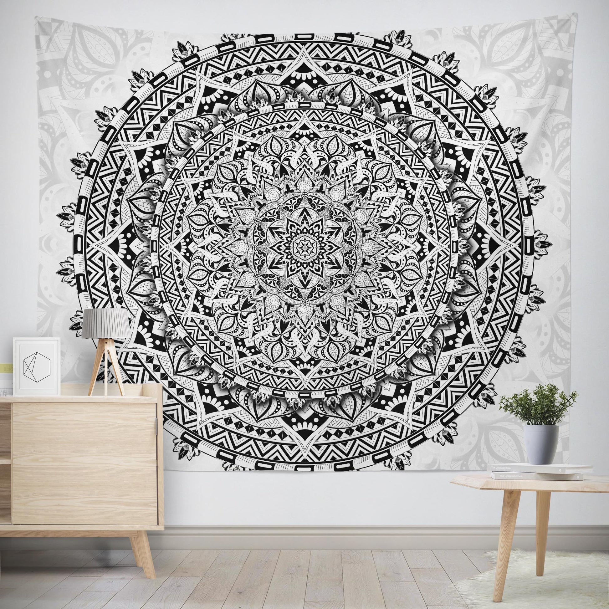 Extra large black and white sacred geometry mandala wall tapestry