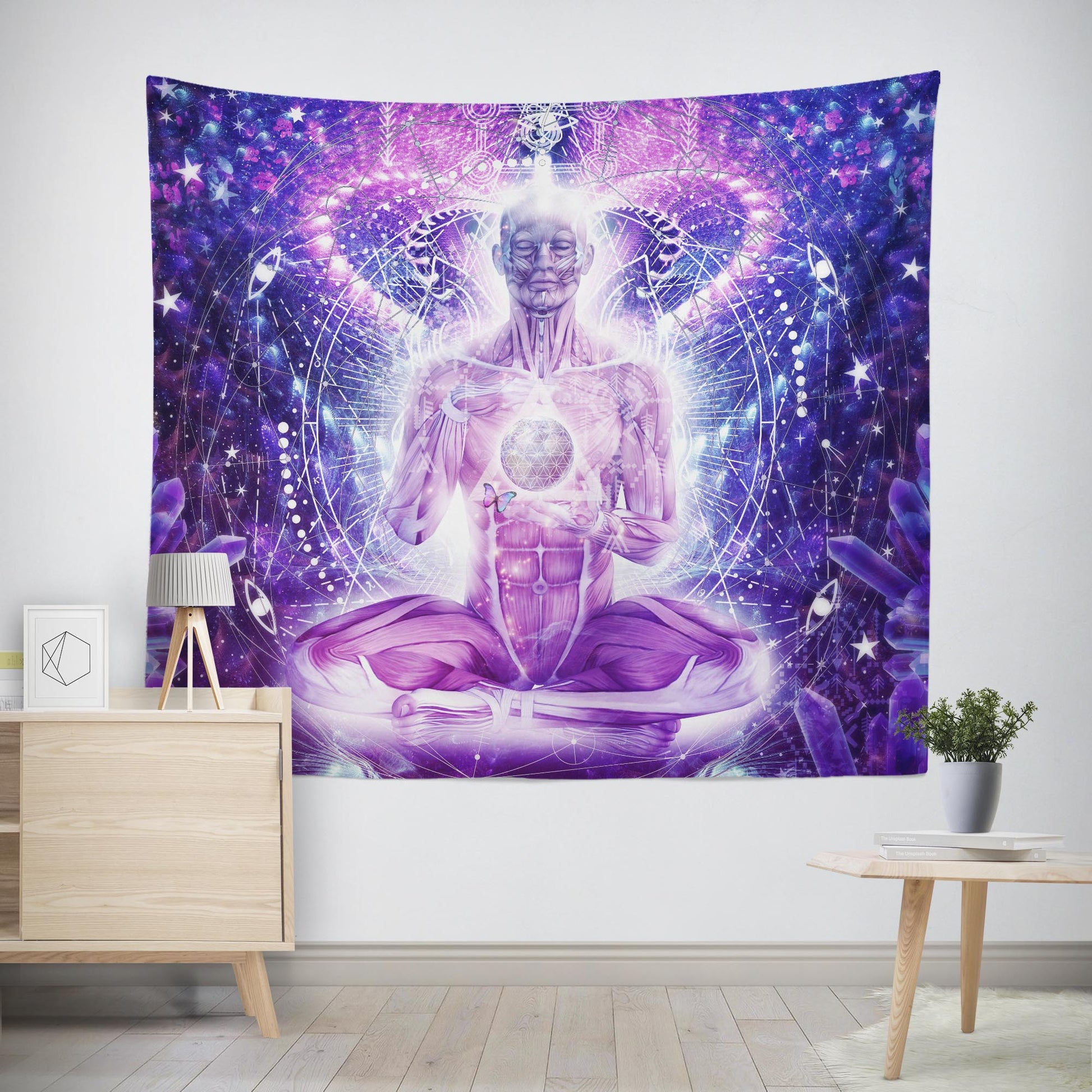 Large wall tapestry of spiritual meditating person in space