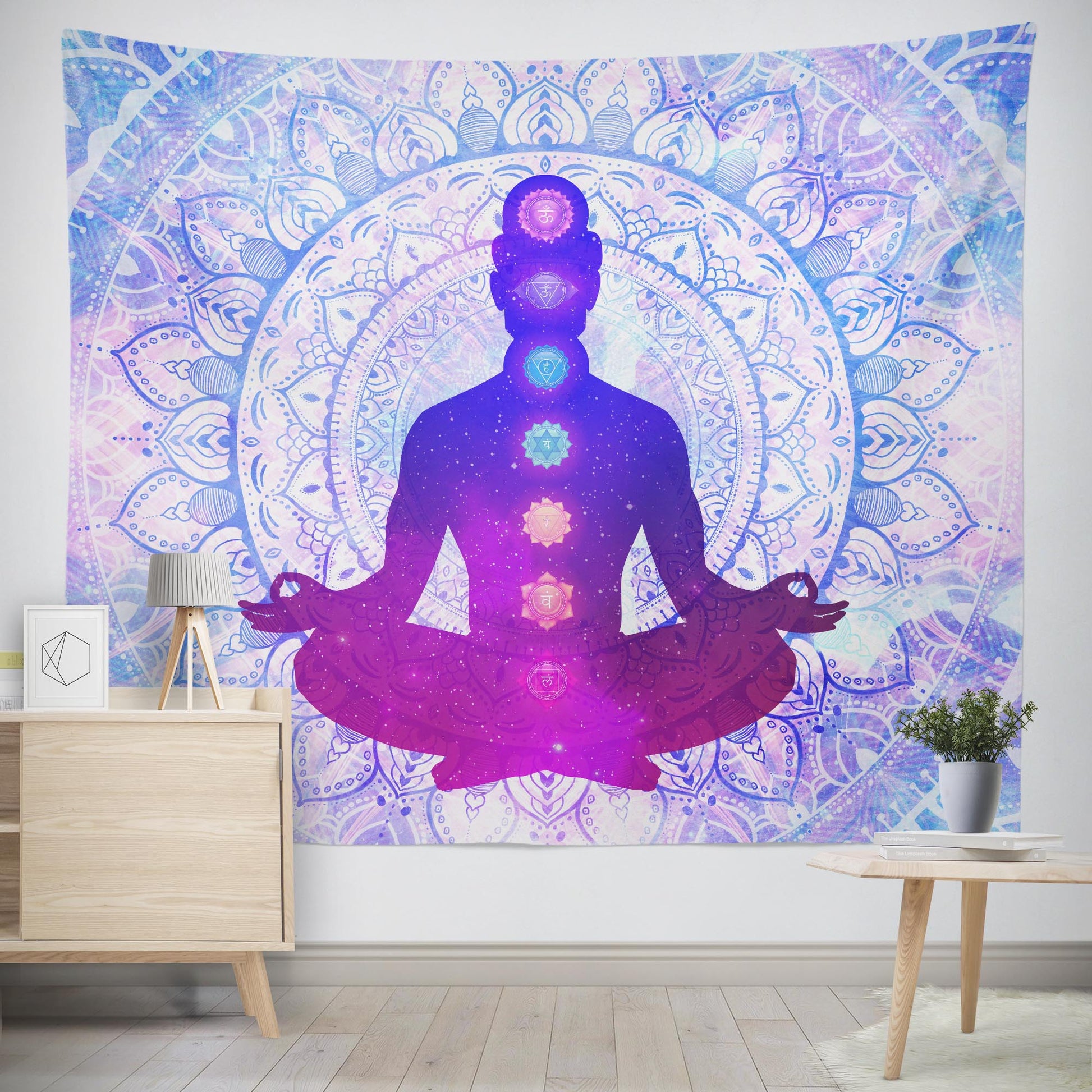 Blue chakra meditation wall tapestry with detailed mandala