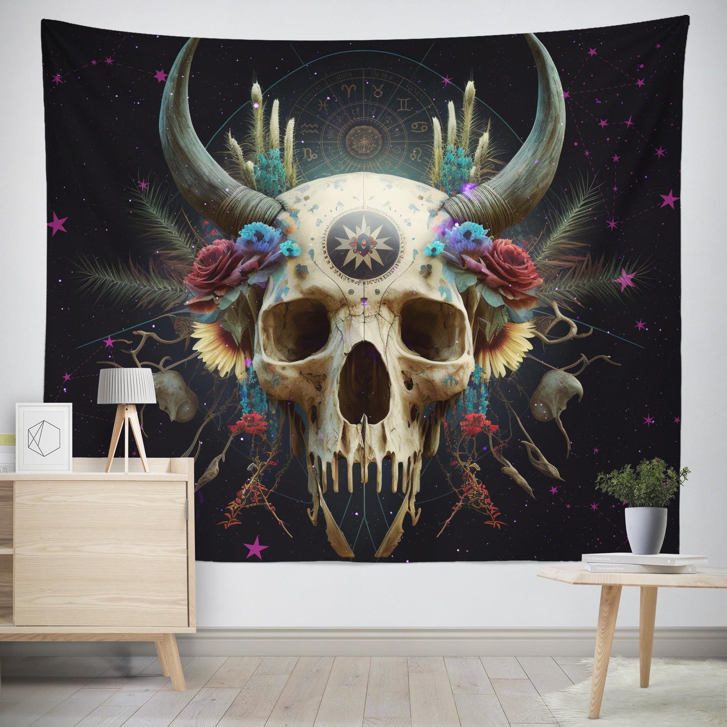 boho skull wall tapestry hanging