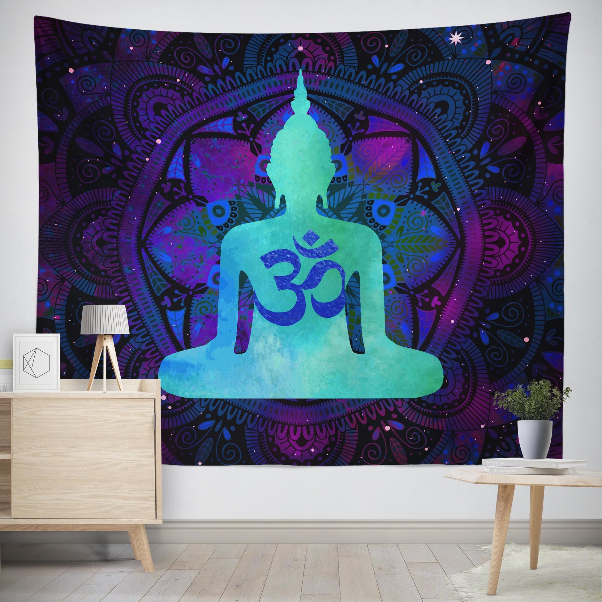 Meditating buddha with mandala purple and blue wall tapestry