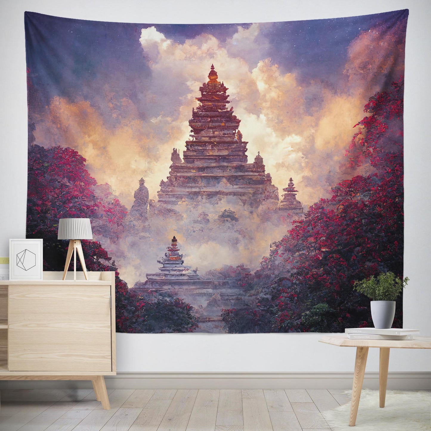 Large wall tapestry of buddhist temple in the mountains with clouds