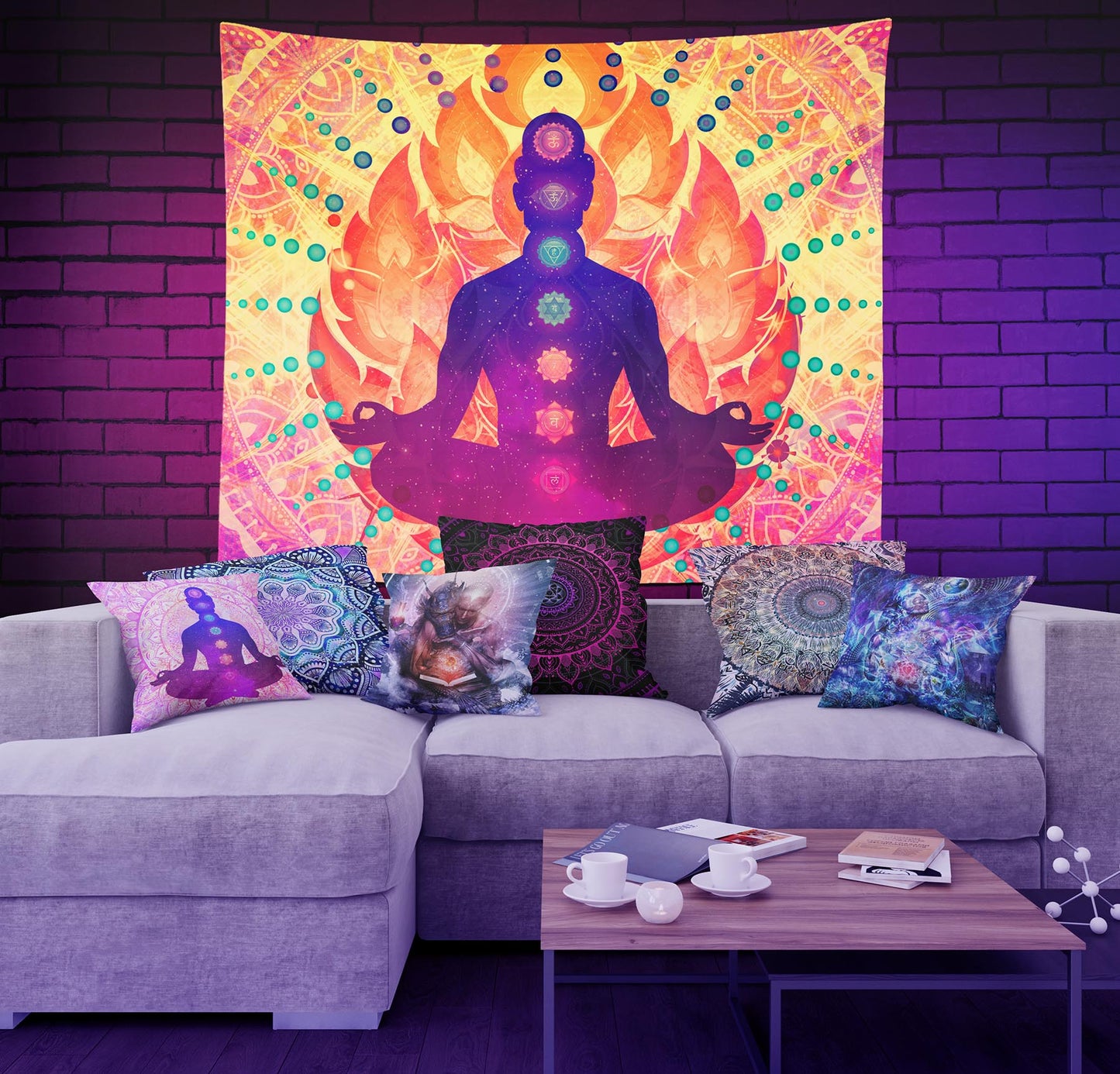 Trippy chakra wall tapestry above living room couch