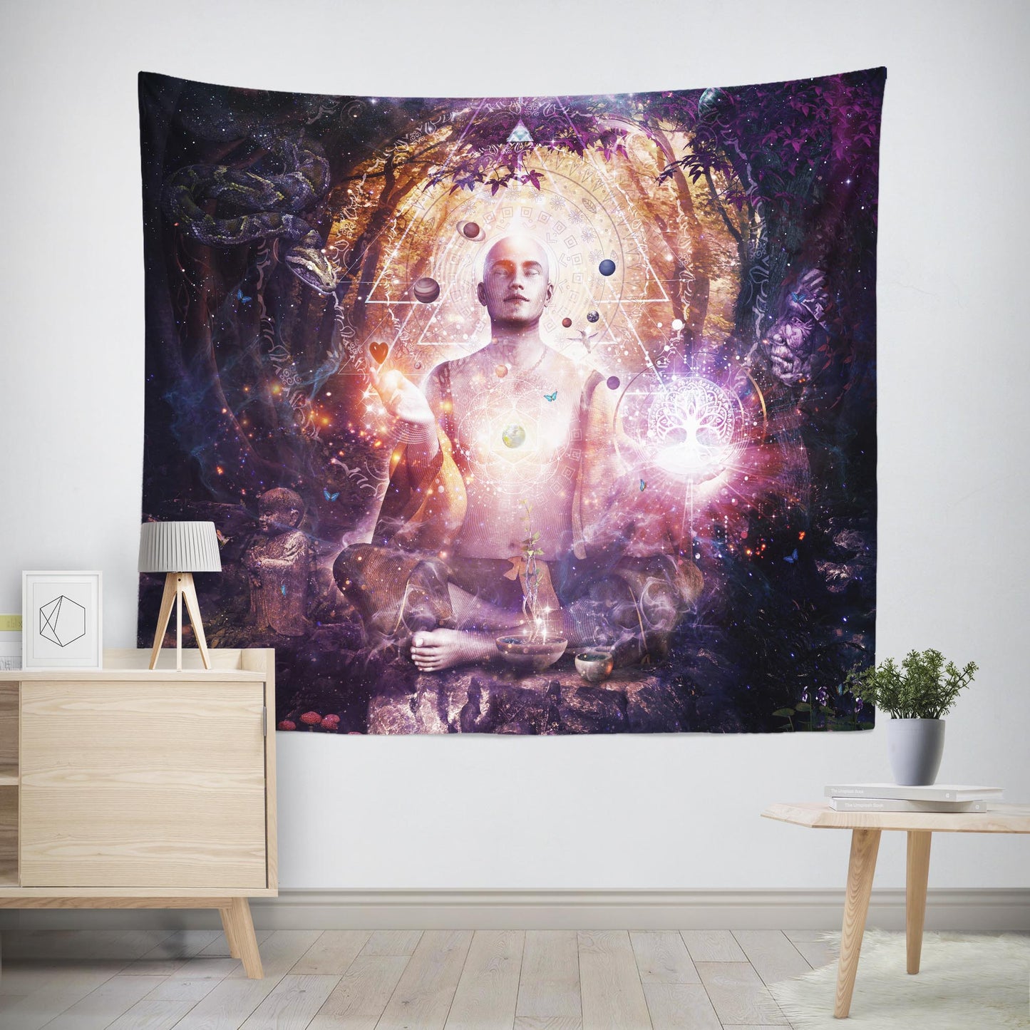 Trippy meditating buddhist monk large wall tapestry