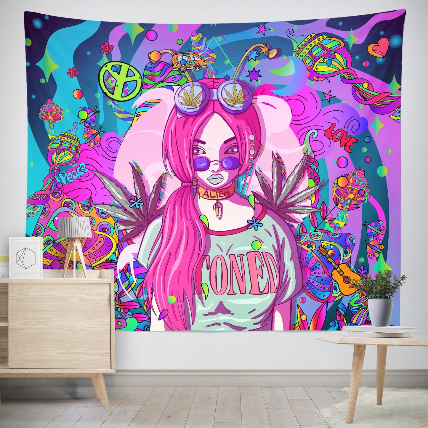 Trippy stoner girl wall tapestry with vibrant pink and blue colors