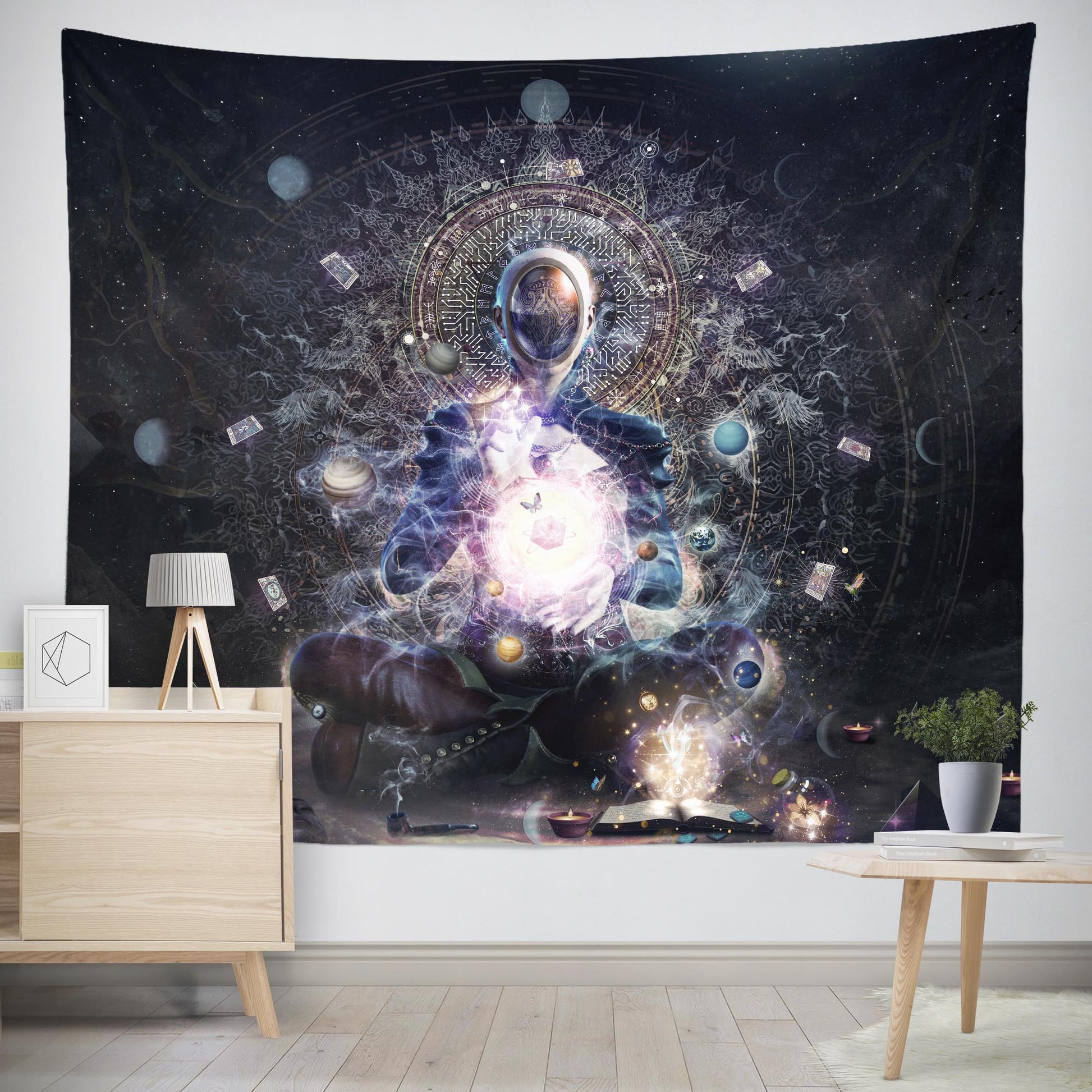 Trippy meditating man in space with tarot cards, extra large wall tapestry