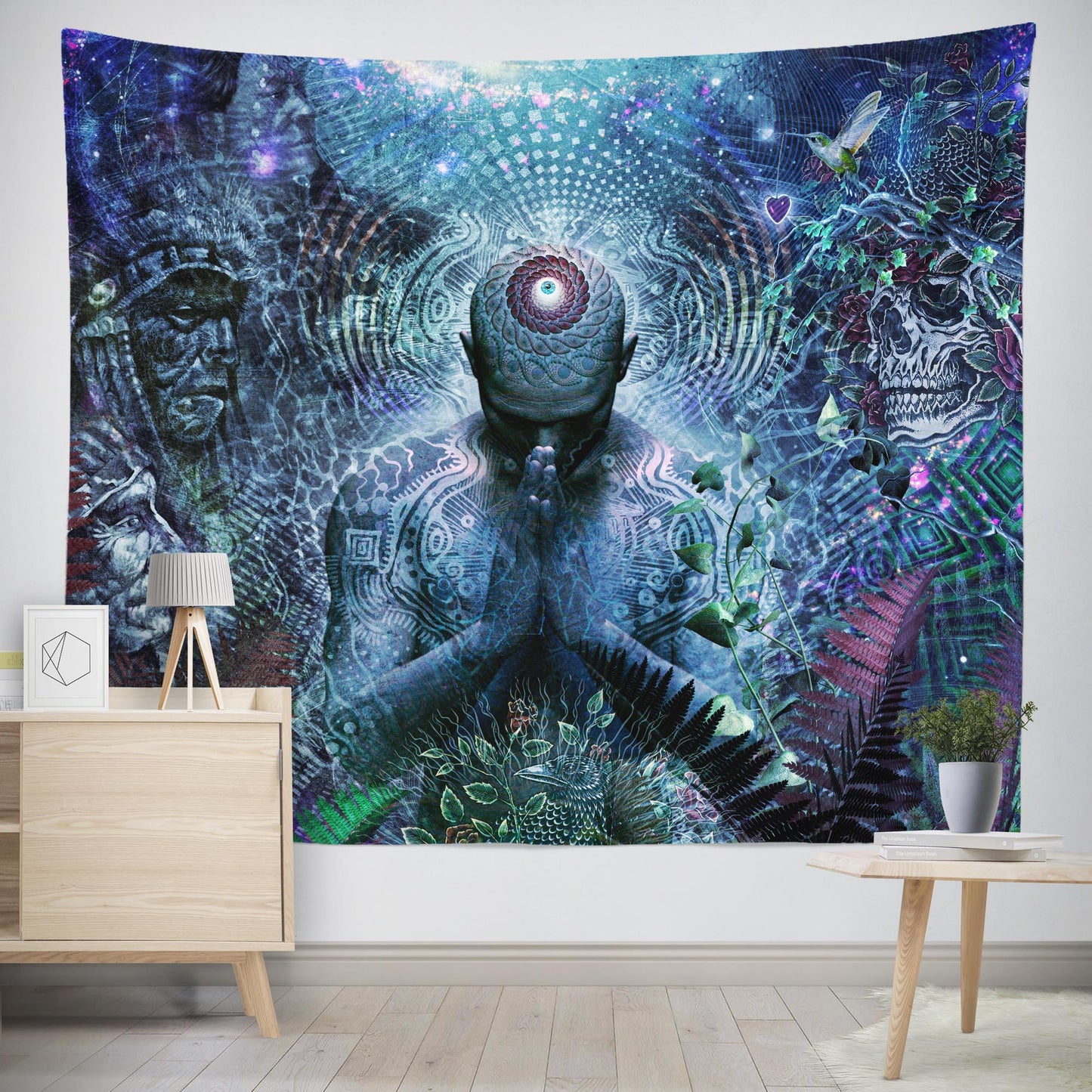 Extra large trippy wall tapestry of psychedelic man in jungle