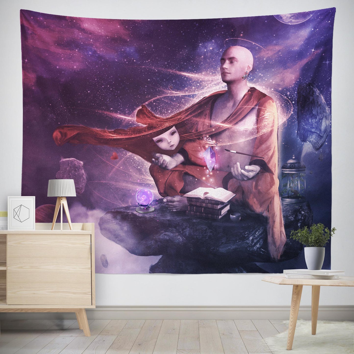 magical meditating buddhist monk performing ritual, extra large wall art tapestry