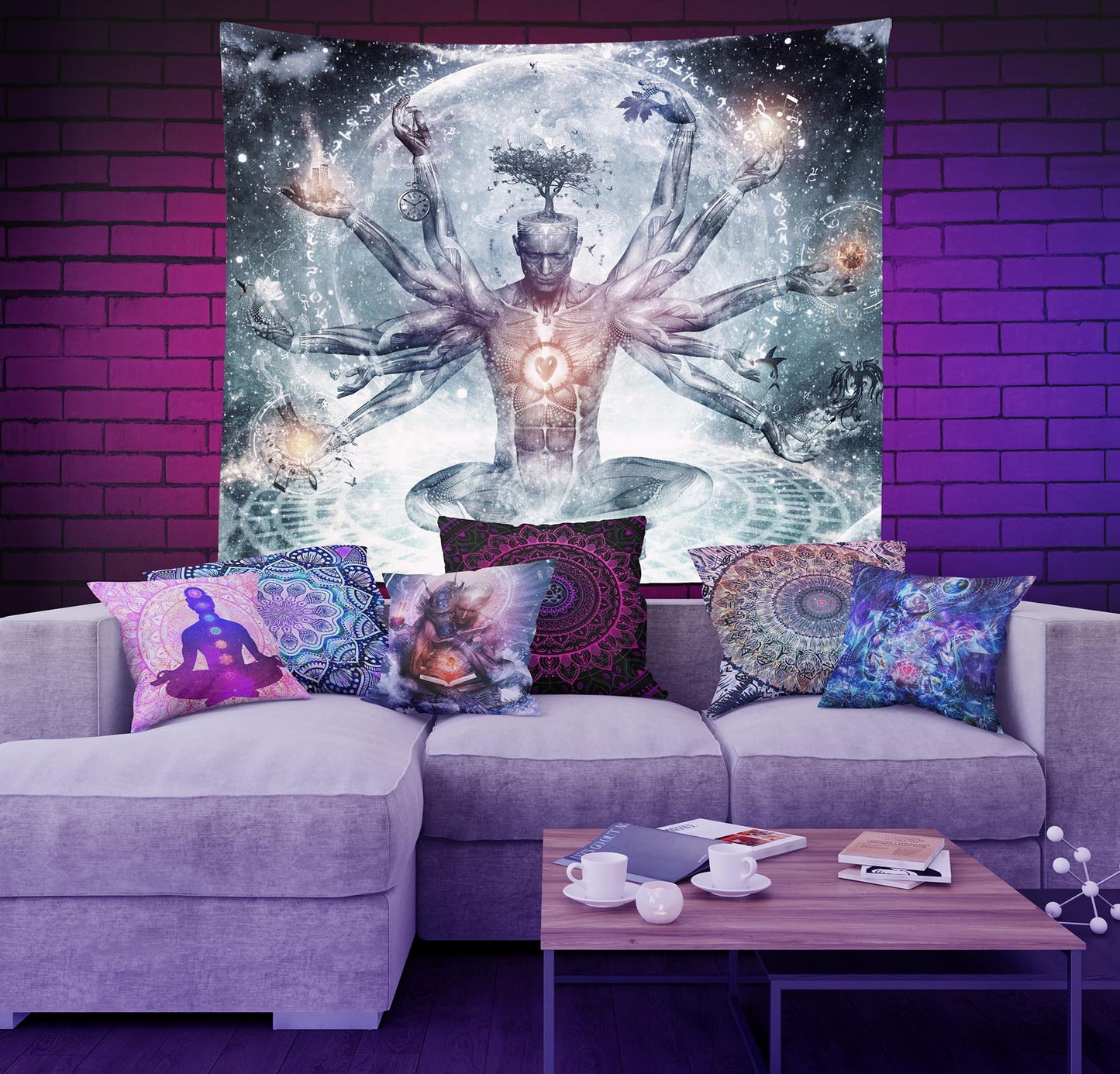 Trippy art wall tapestry on neon brick wall by Cameron Gray