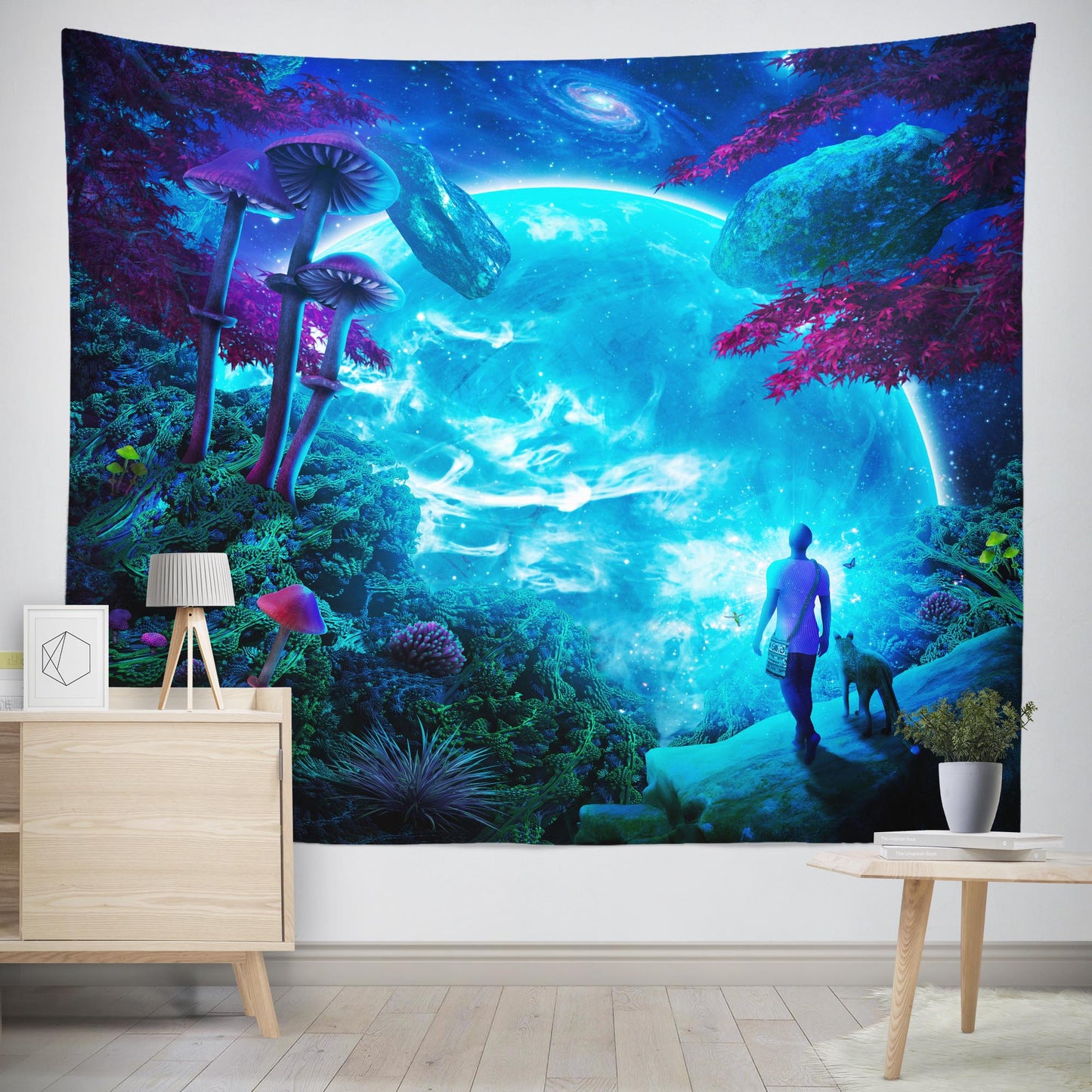 Extra large trippy wall tapestry of blue planet with magic mushrooms and forest plants