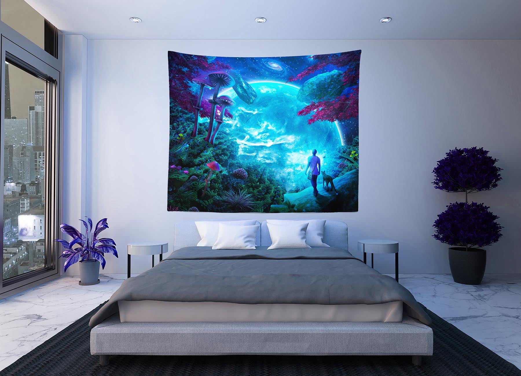 Blue planet with magic mushrooms fantasy art wall tapestry in apartment bedroom