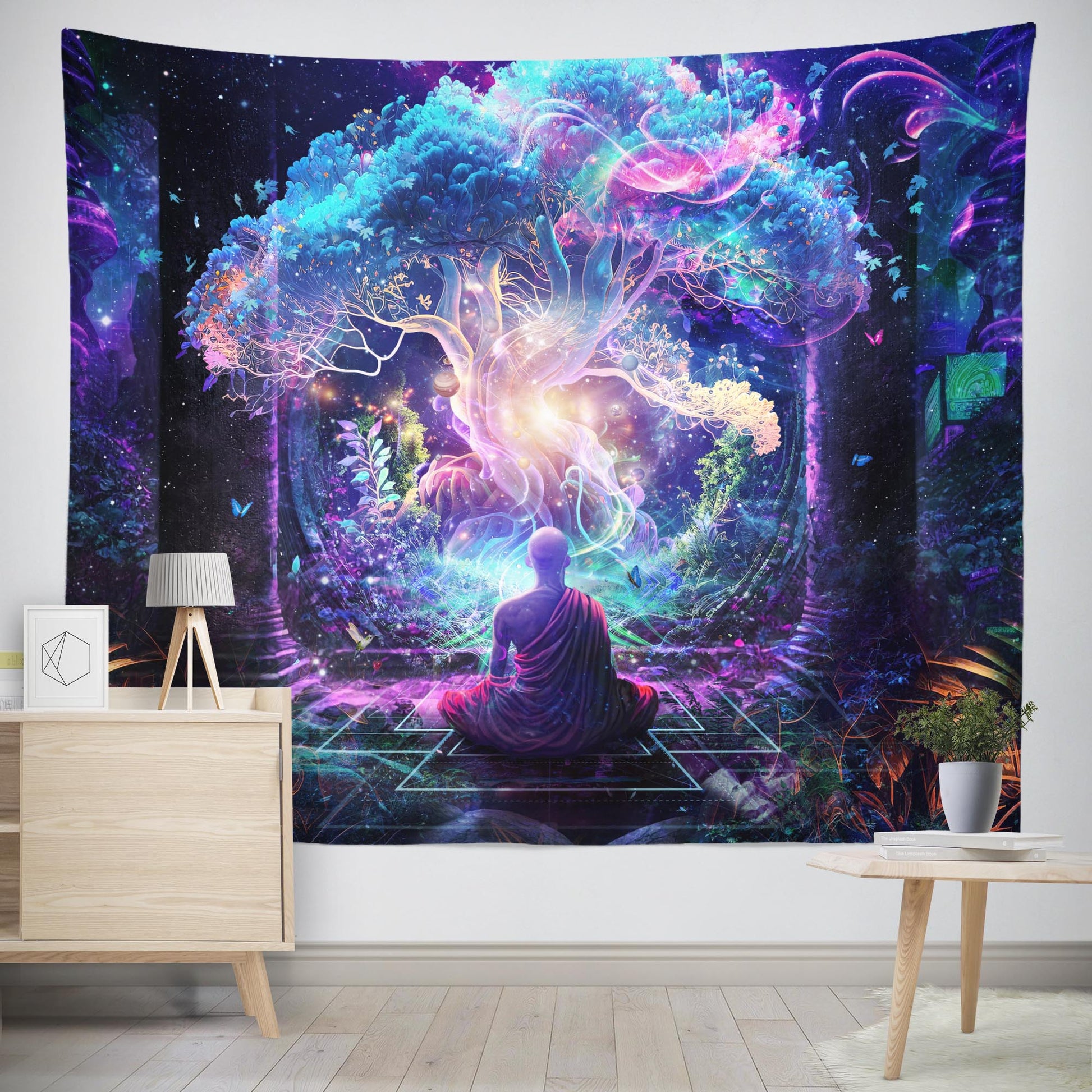 Neon Fantasy tree of life wall decor tapestry featuring cosmic meditating buddhist, trippy visionary art