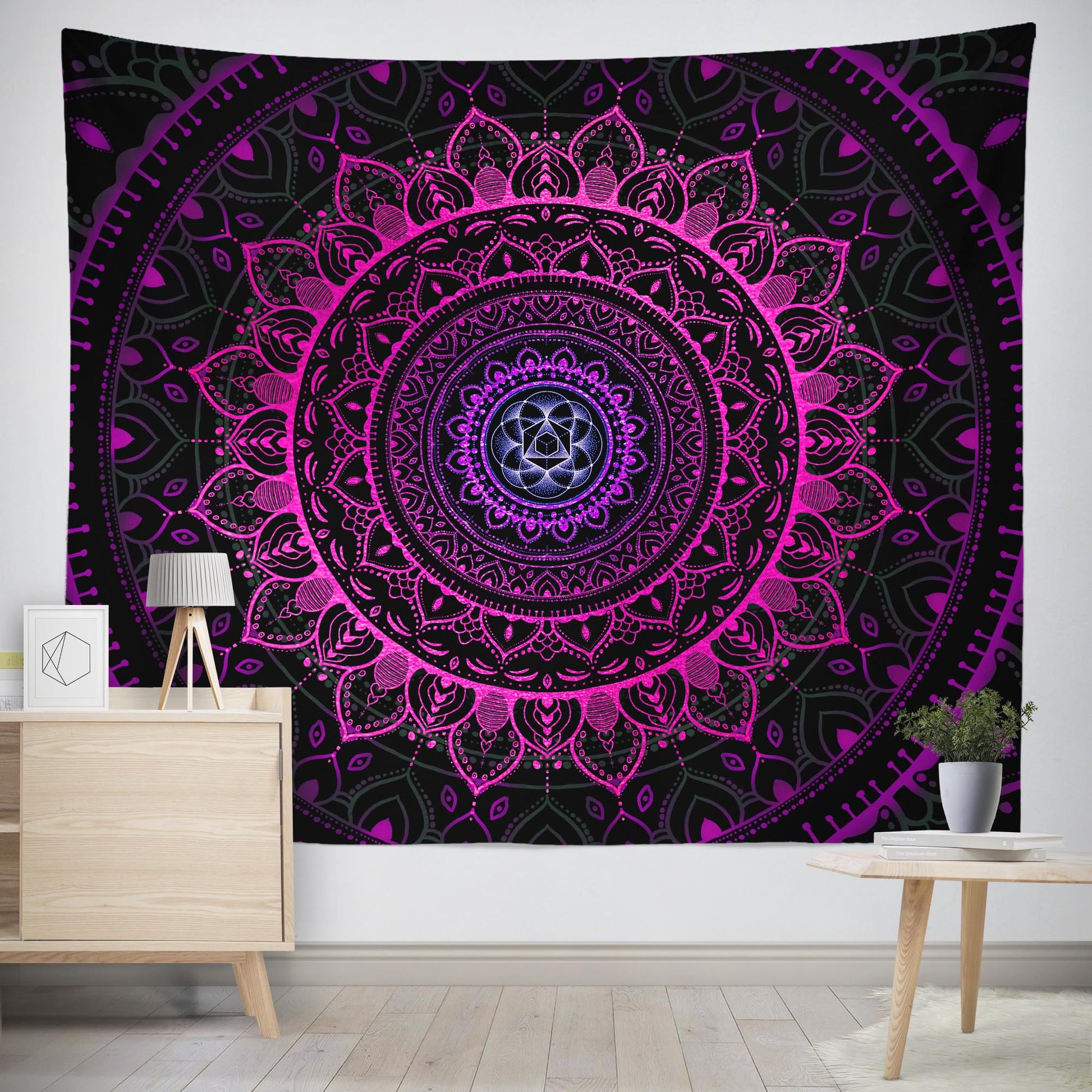 Pink and purple detailed mandala with flower of life large wall art tapestry