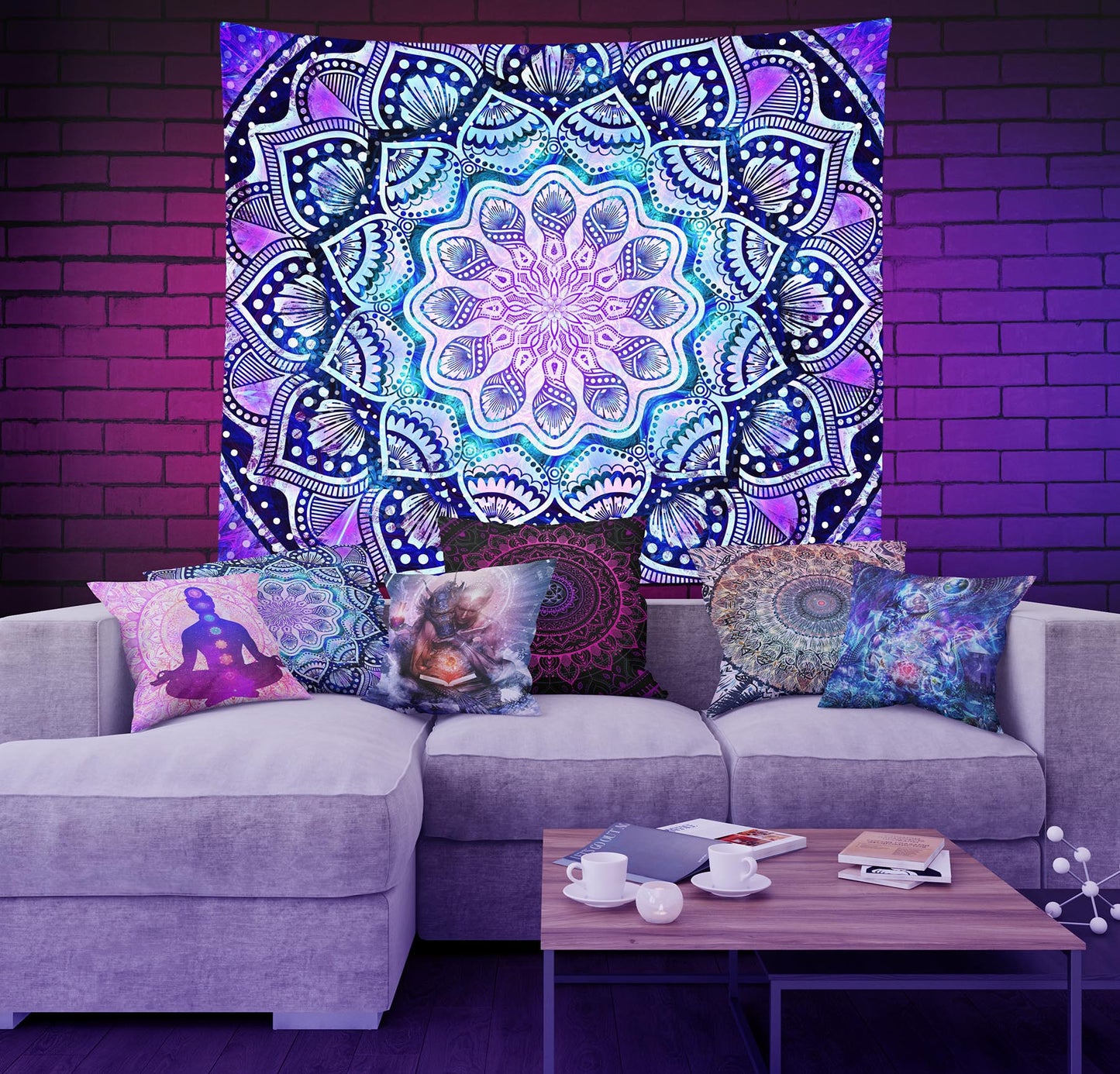 Trippy Mandala Wall Tapestry above couch