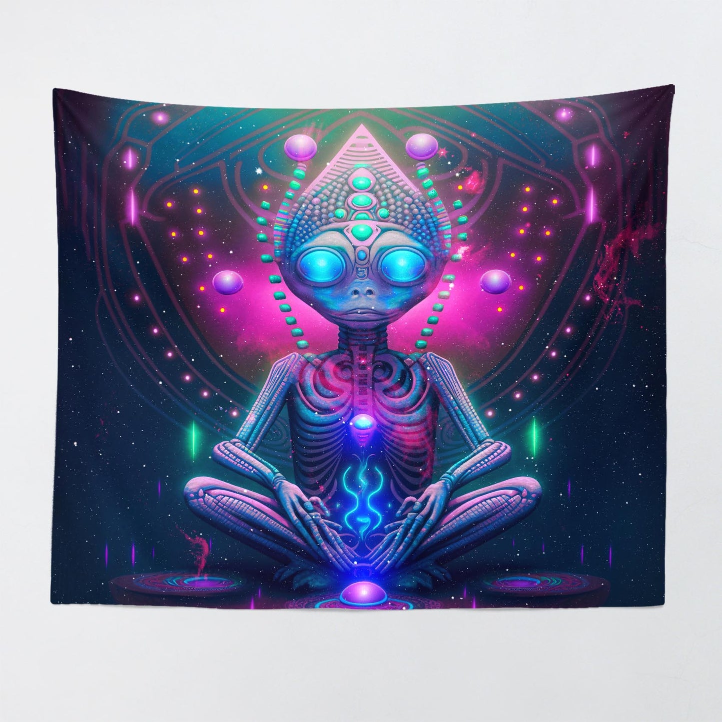 Trippy meditating alien wall tapestry