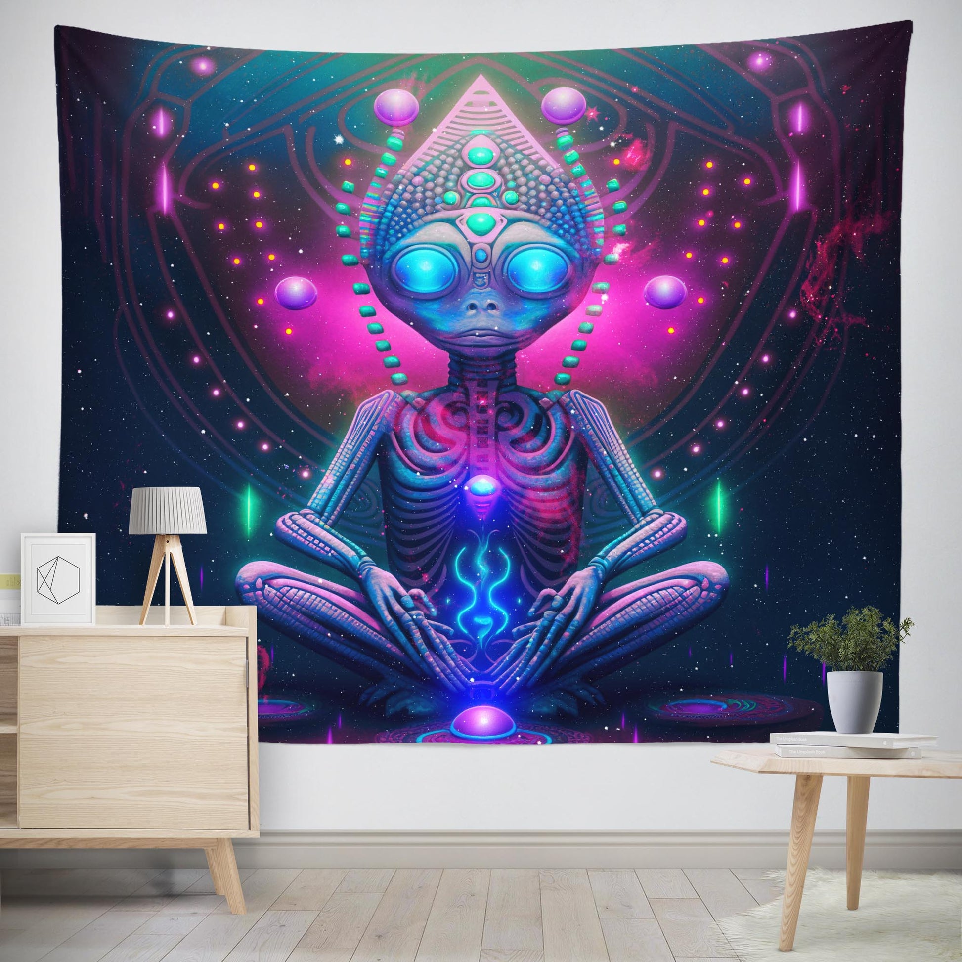 Trippy meditating alien tapestry wall hanging art