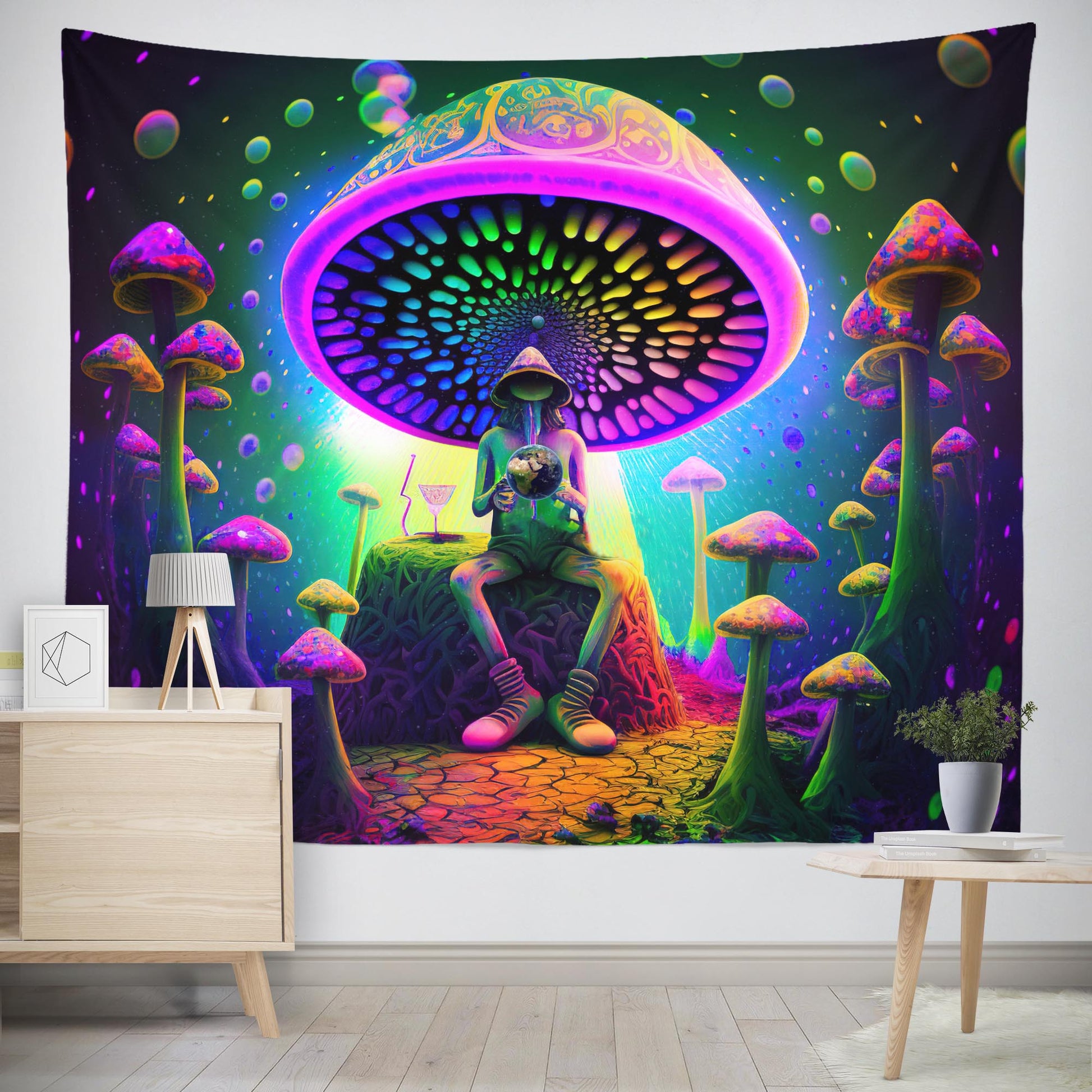 Trippy magic mushroom tapestry wall hanging decor glowing shrooms art