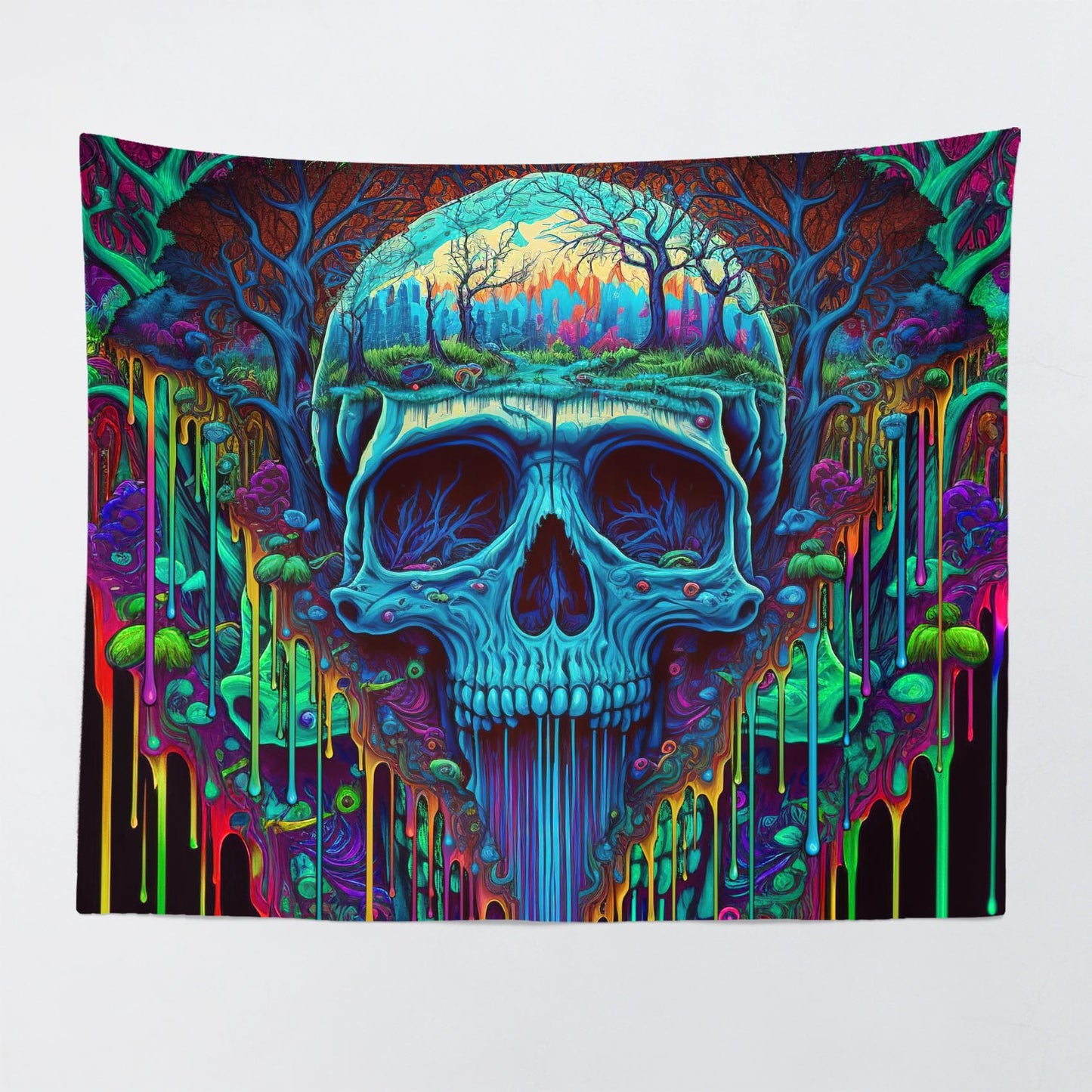 Trippy wall tapestry skull neon dripping ink