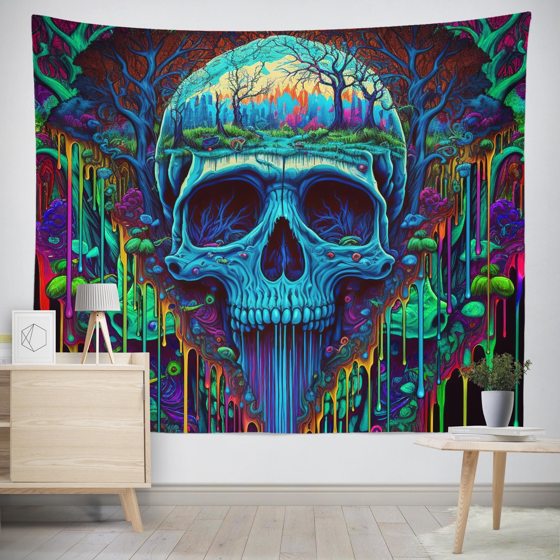 Trippy skull tapestry wall decor stoner room ideas