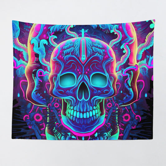 neon glowing skull tapestry