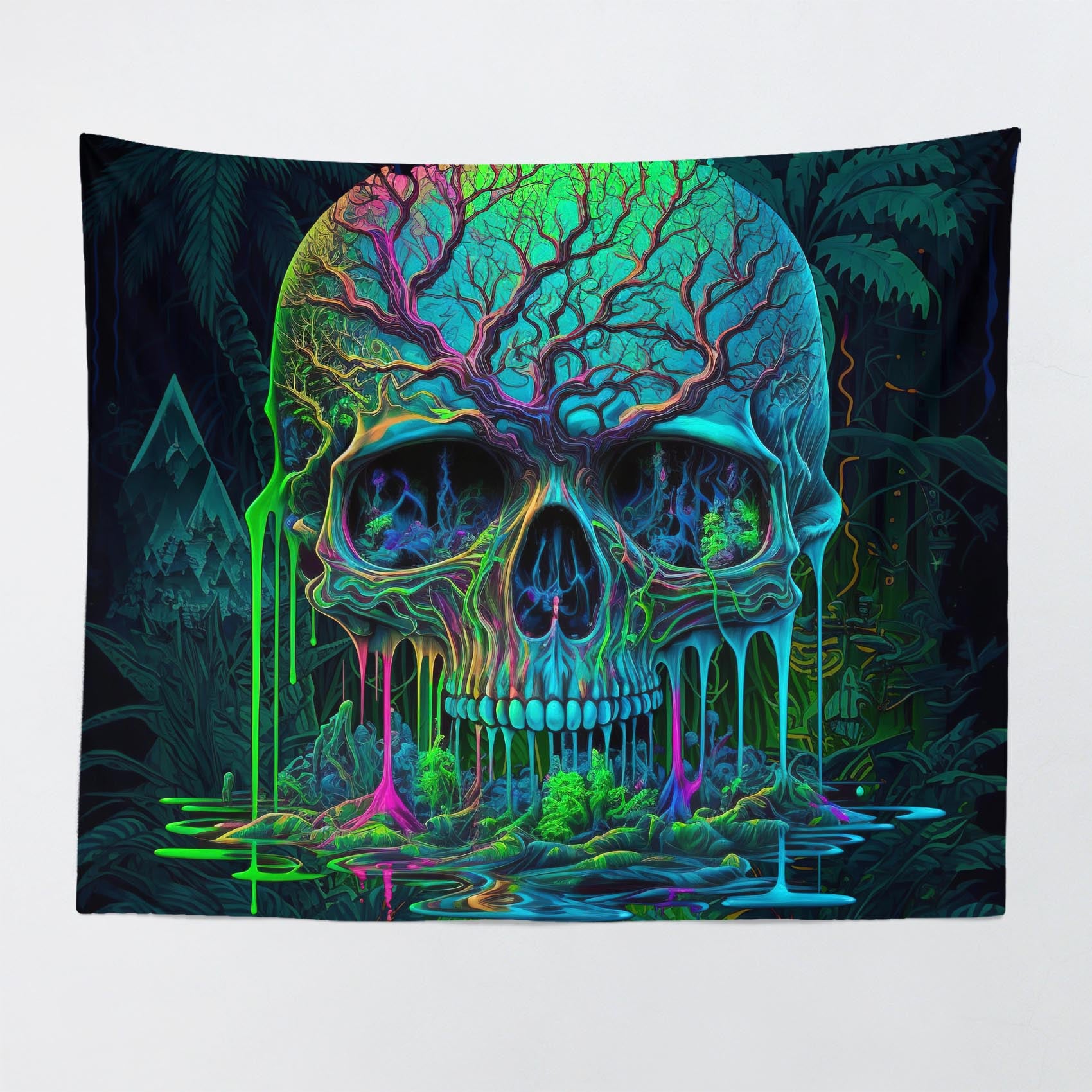 Trippy Psychedelic neon skull wall tapestry