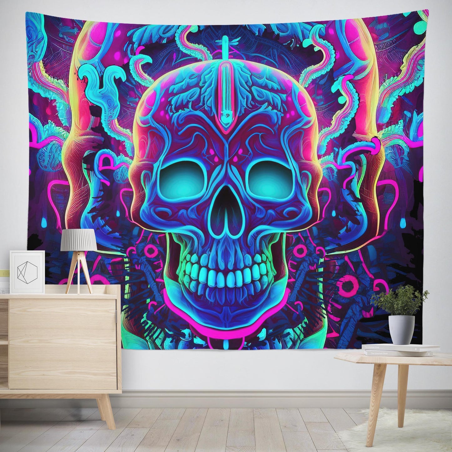 trippy skull tapestry wall hanging
