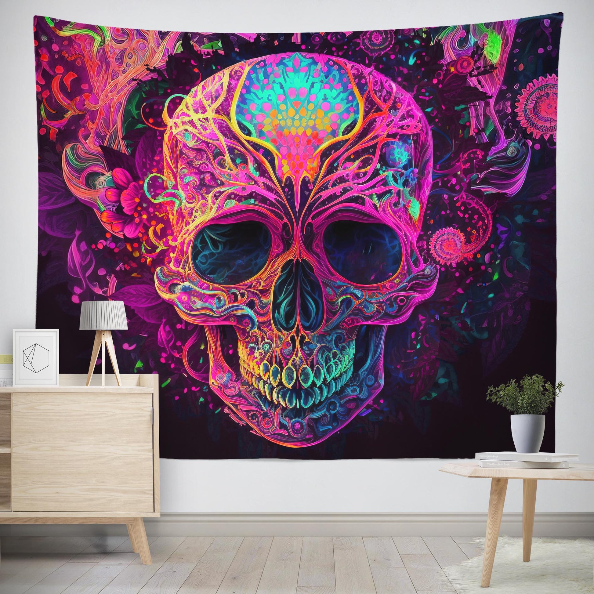 neon pink skull tapestry wall hanging decor for dorm room aesthetic