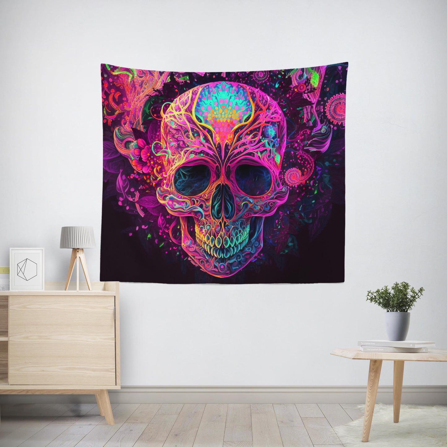 Trippy Skull Tapestry Neon Pink