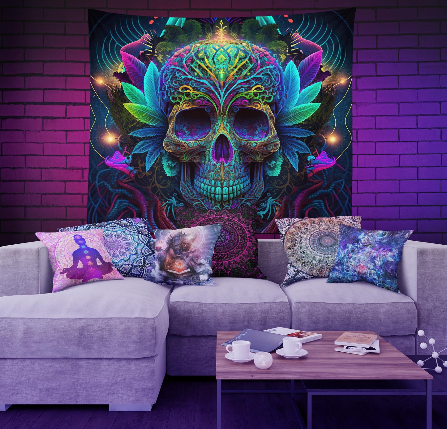 trippy skull wall decor tapestry hanging jungle vibes DMT art