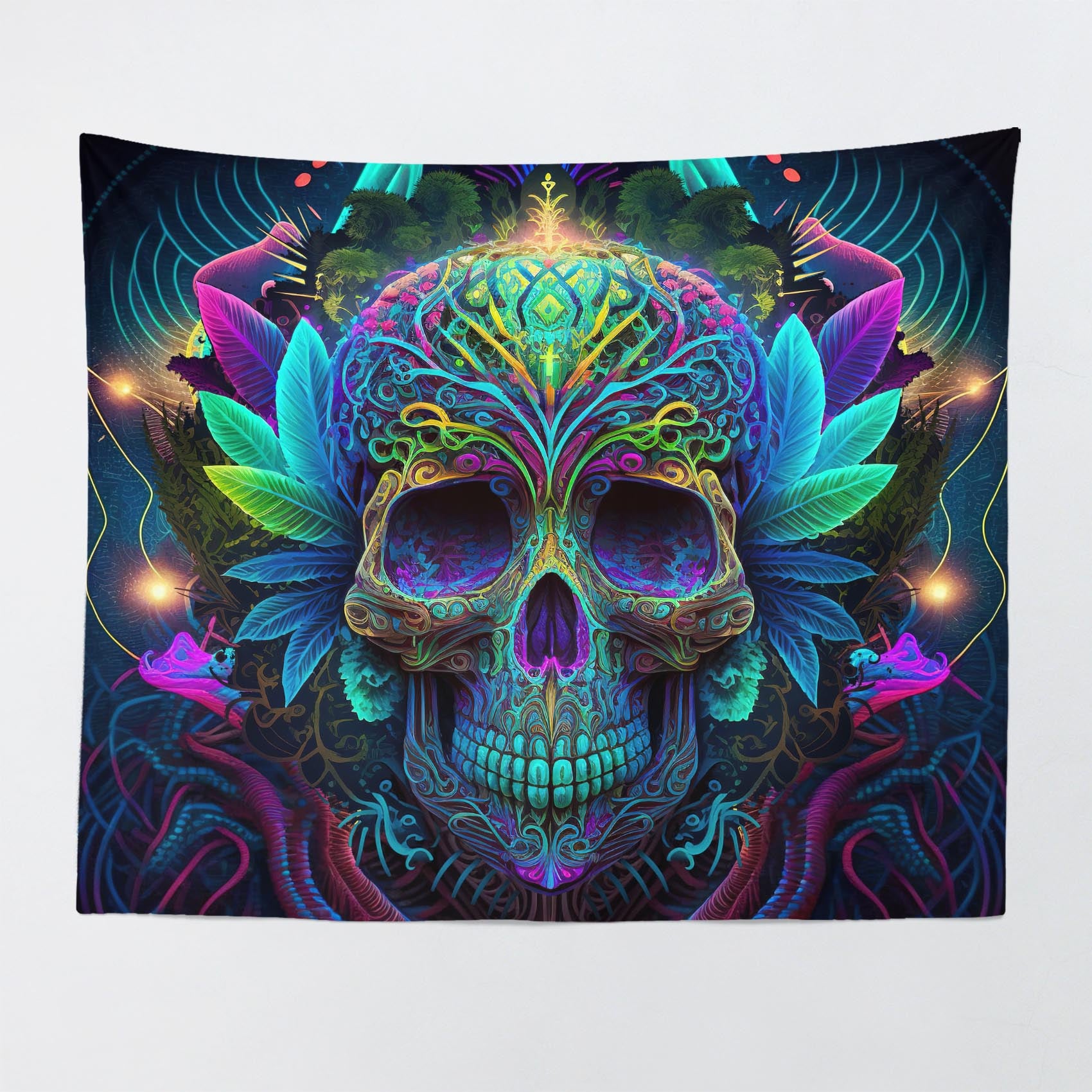 stoner tapestry wall decor dorm room aesthetic neon 420 skull