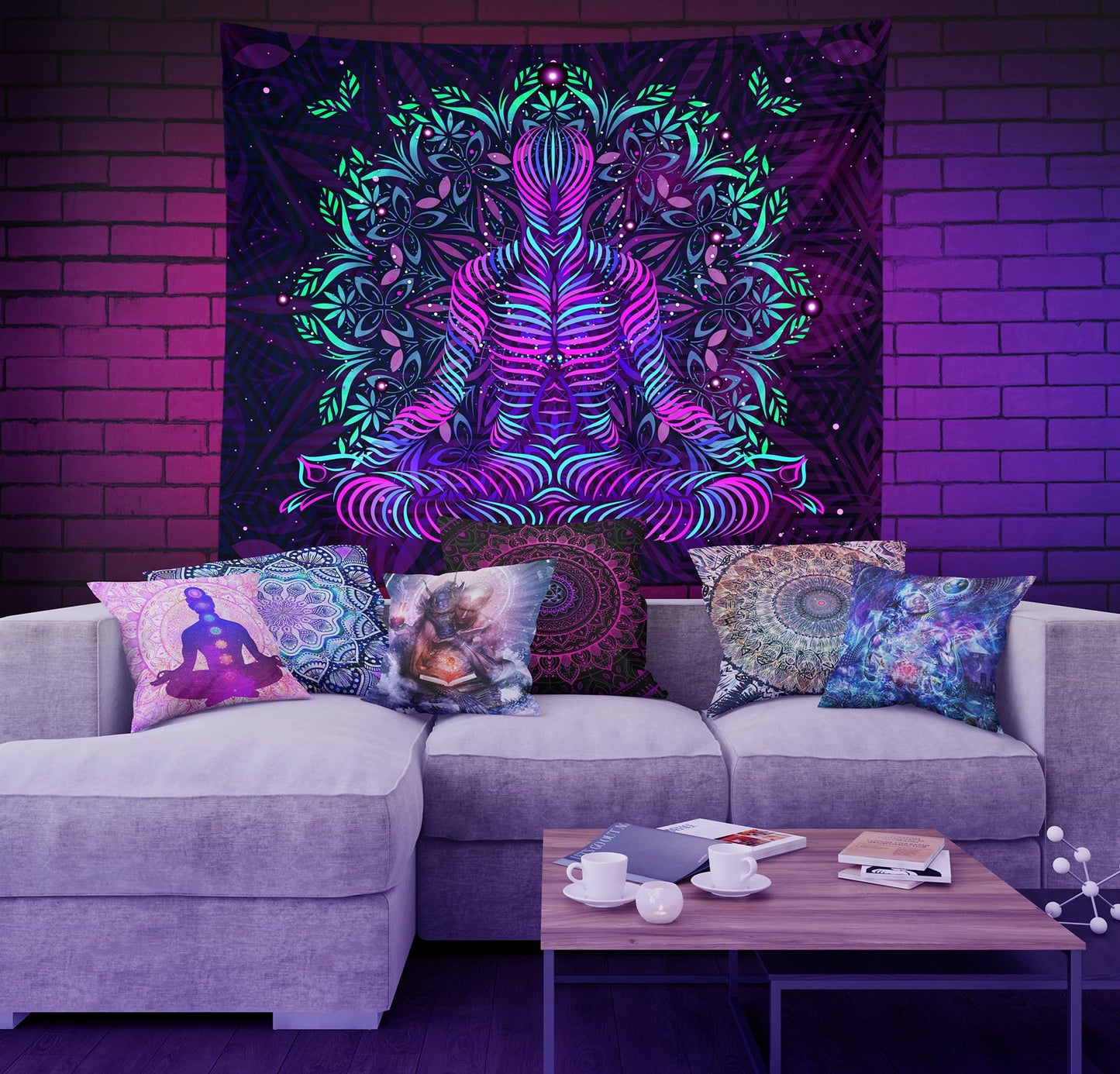 Trippy meditation wall tapestry above couch with pillows by Cameron Gray