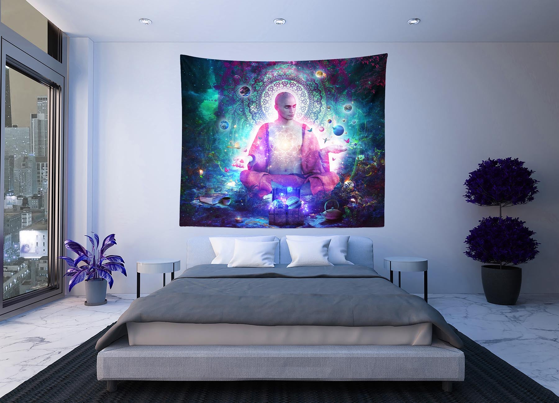 Beautiful trippy meditating buddhist monk wall tapestry in apartment bedroom