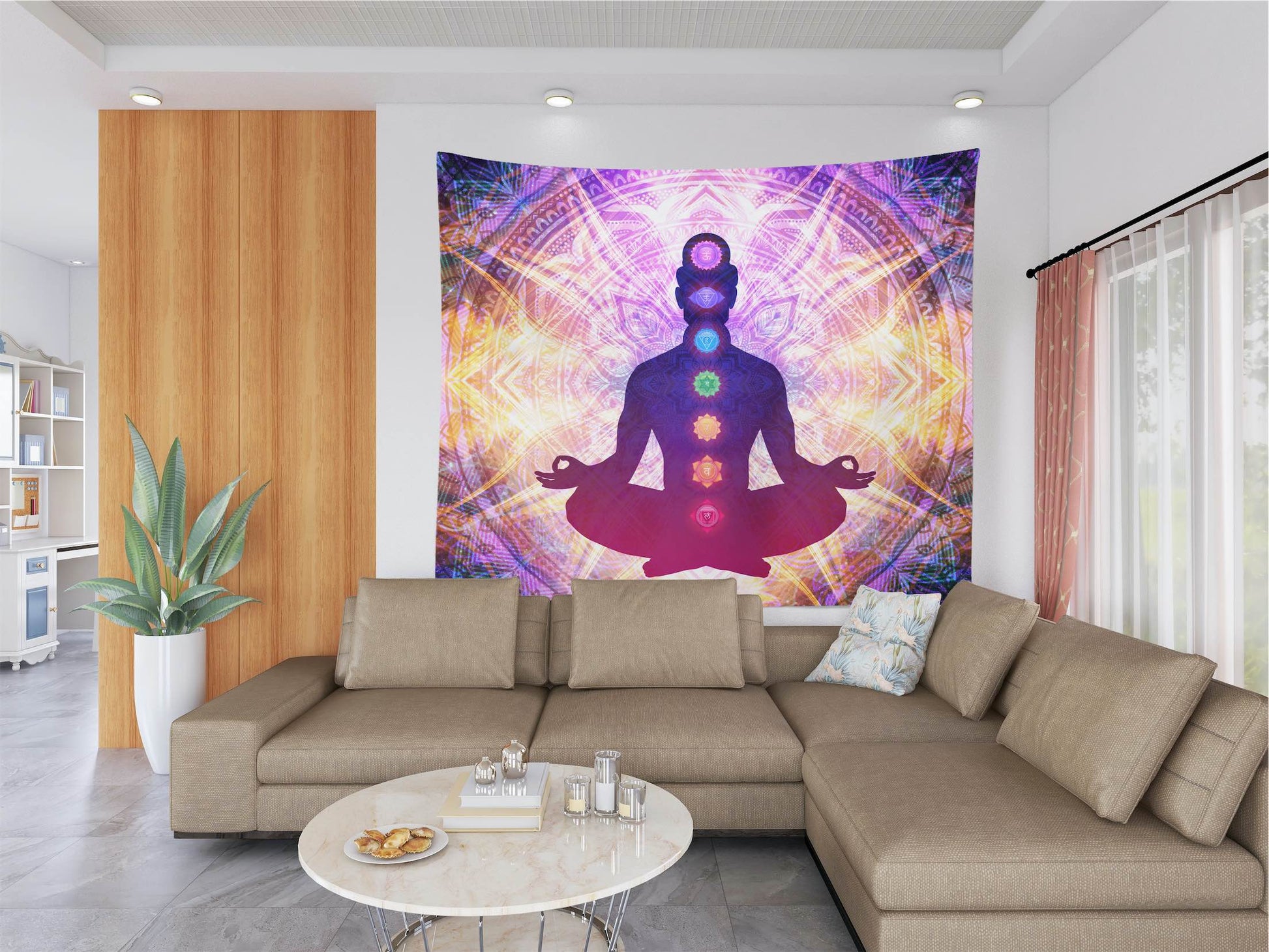 Chakra Meditation wall tapestry on living room wall