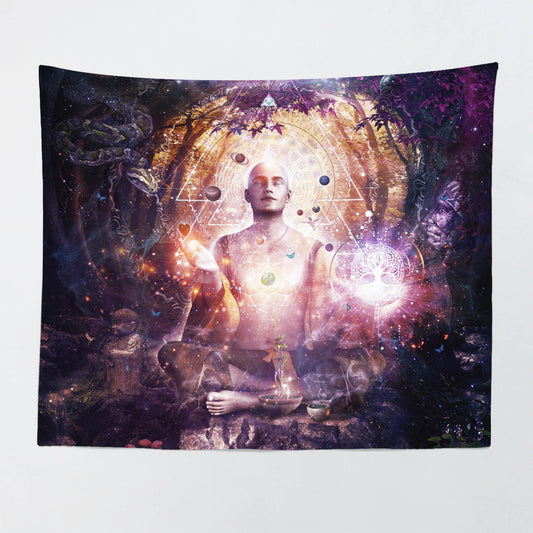 Trippy meditating buddhist monk with tree of life wall tapestry