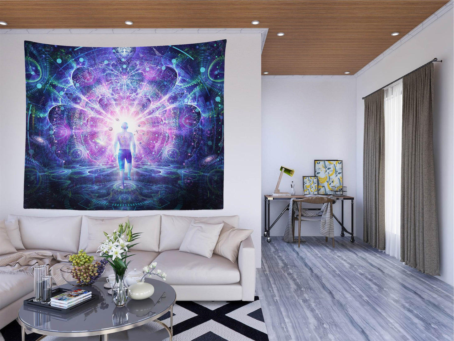 Psychedelic trippy blue wall tapestry in living room