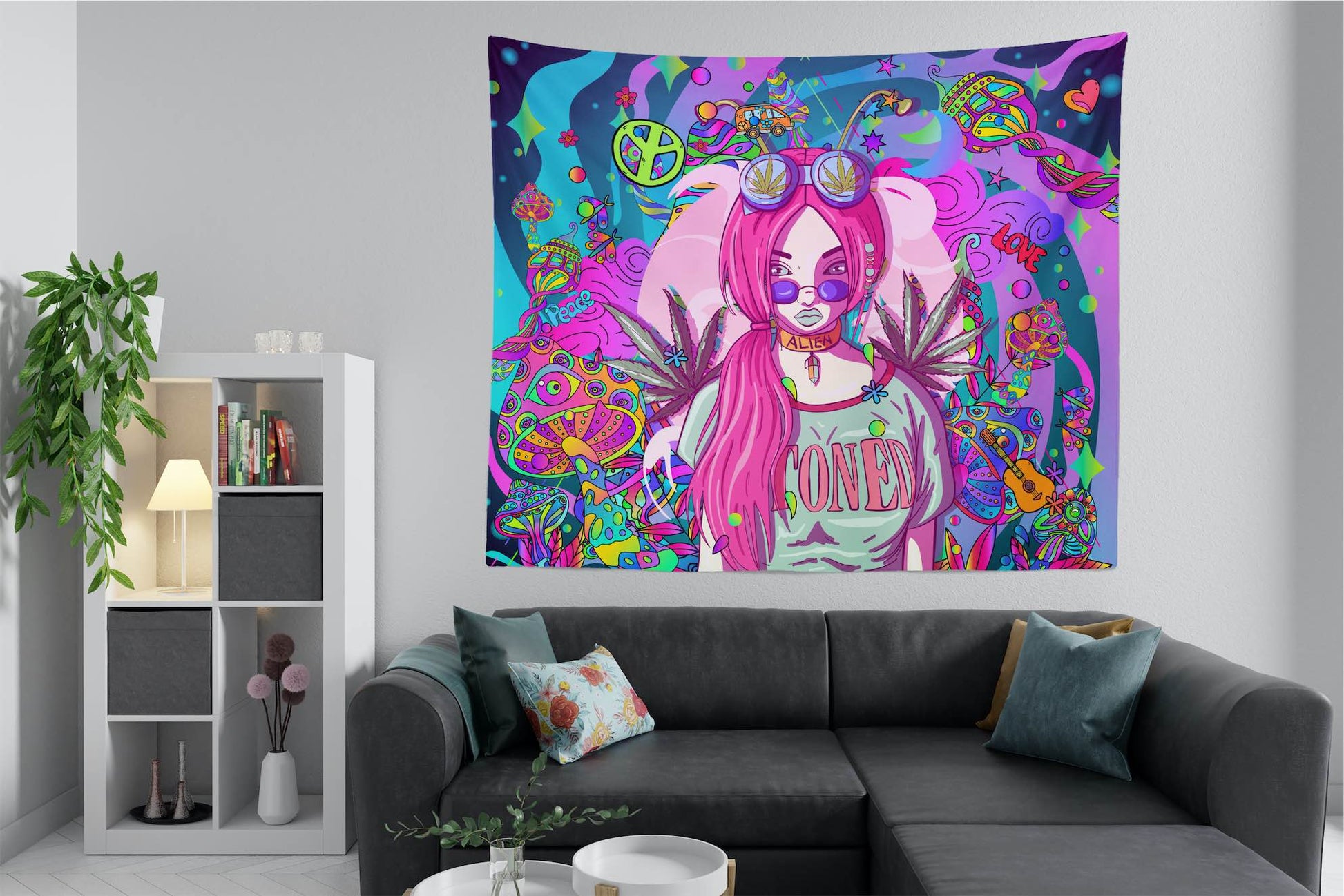 Cosmic Hippie Girl bright and vibrant wall tapestry