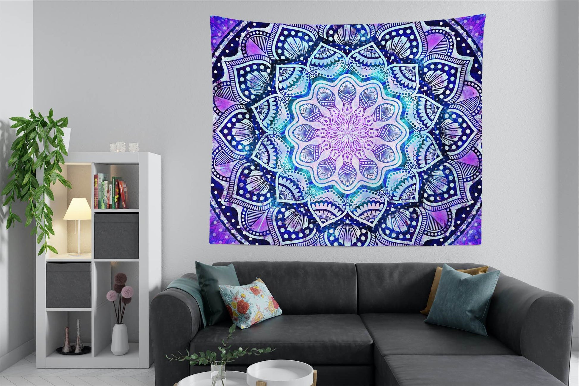 Trippy Flower Bloom Mandala sacred geometry wall tapestry above couch