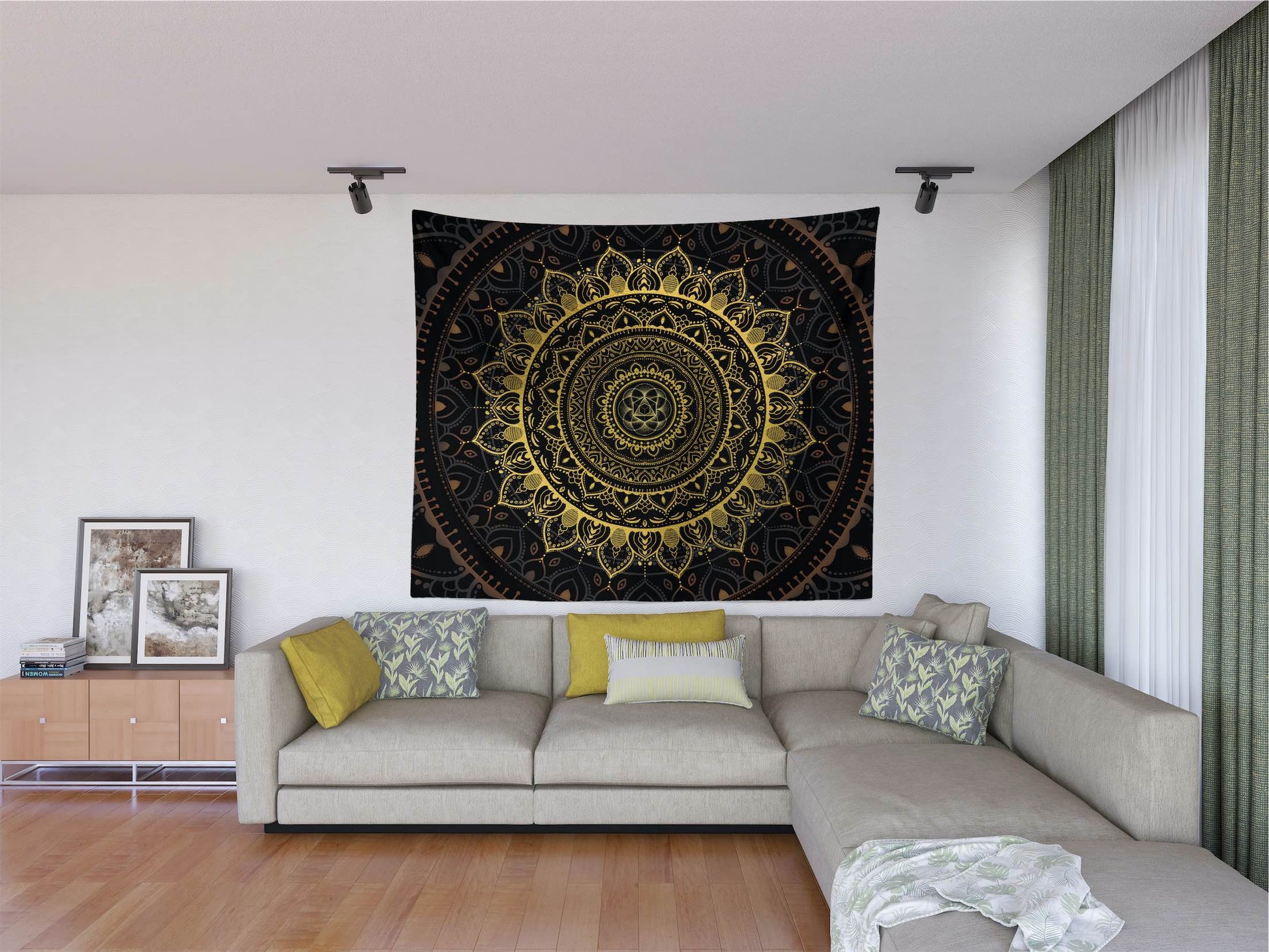 Gold Zen Mandala sacred geometry wall tapestry in living room