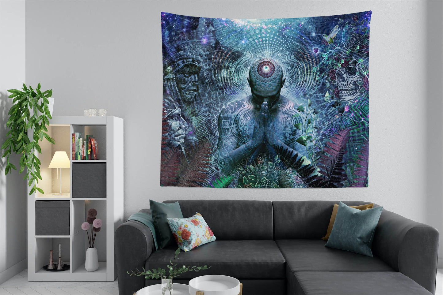 large trippy psychedelic wall tapestry of meditating man