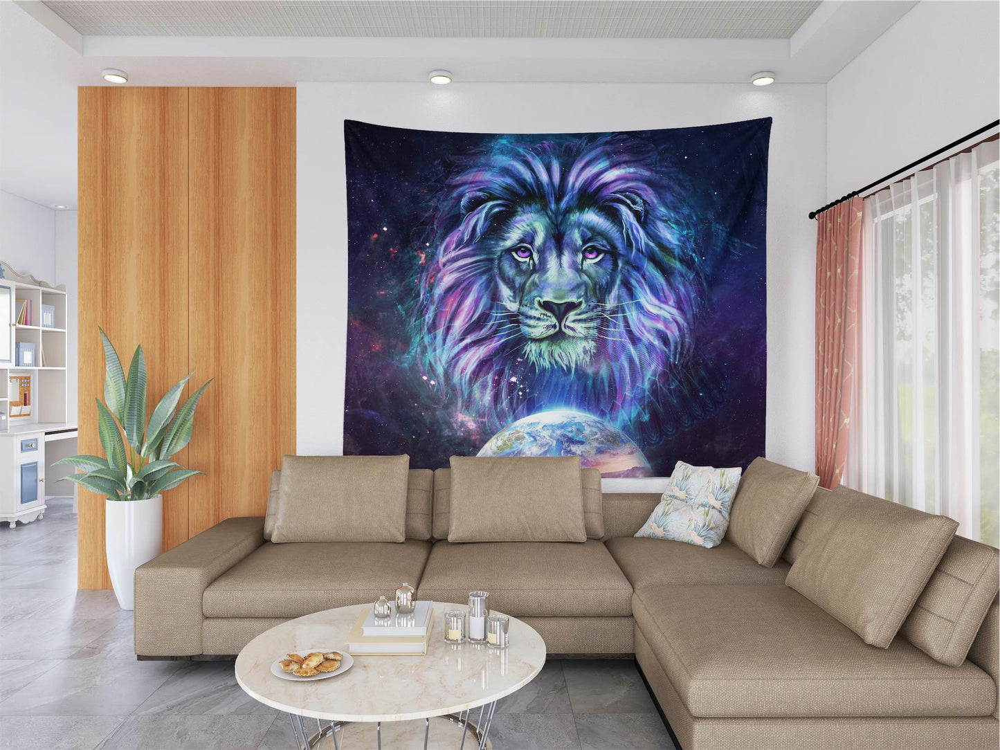Cosmic spirit animal lion wall tapestry in living room