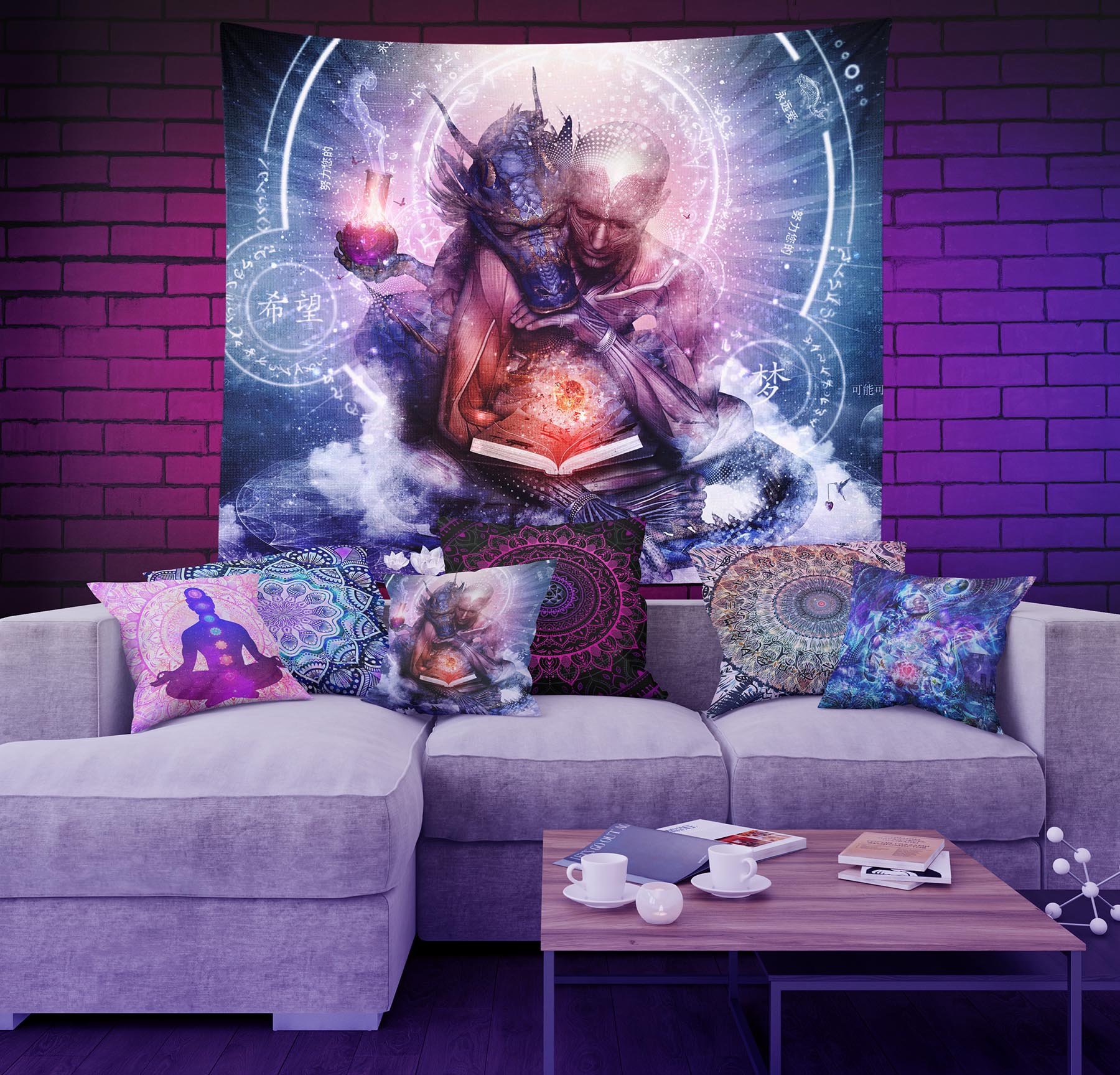 Trippy cosmic space dragon wall art tapestry above couch with pillows