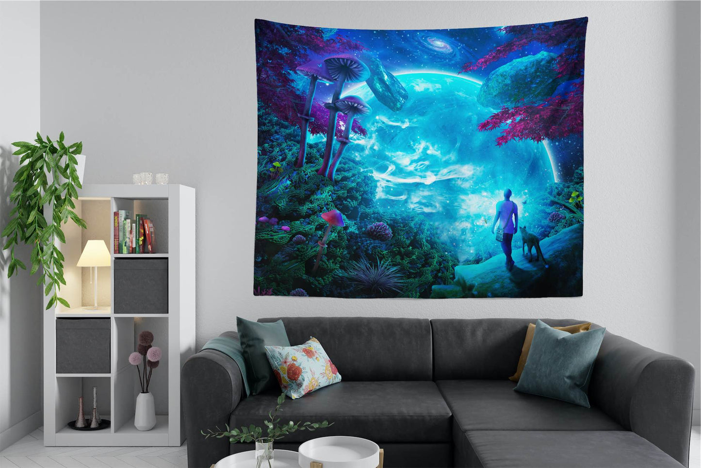 trippy magic mushroom psychedelic wall tapestry above couch