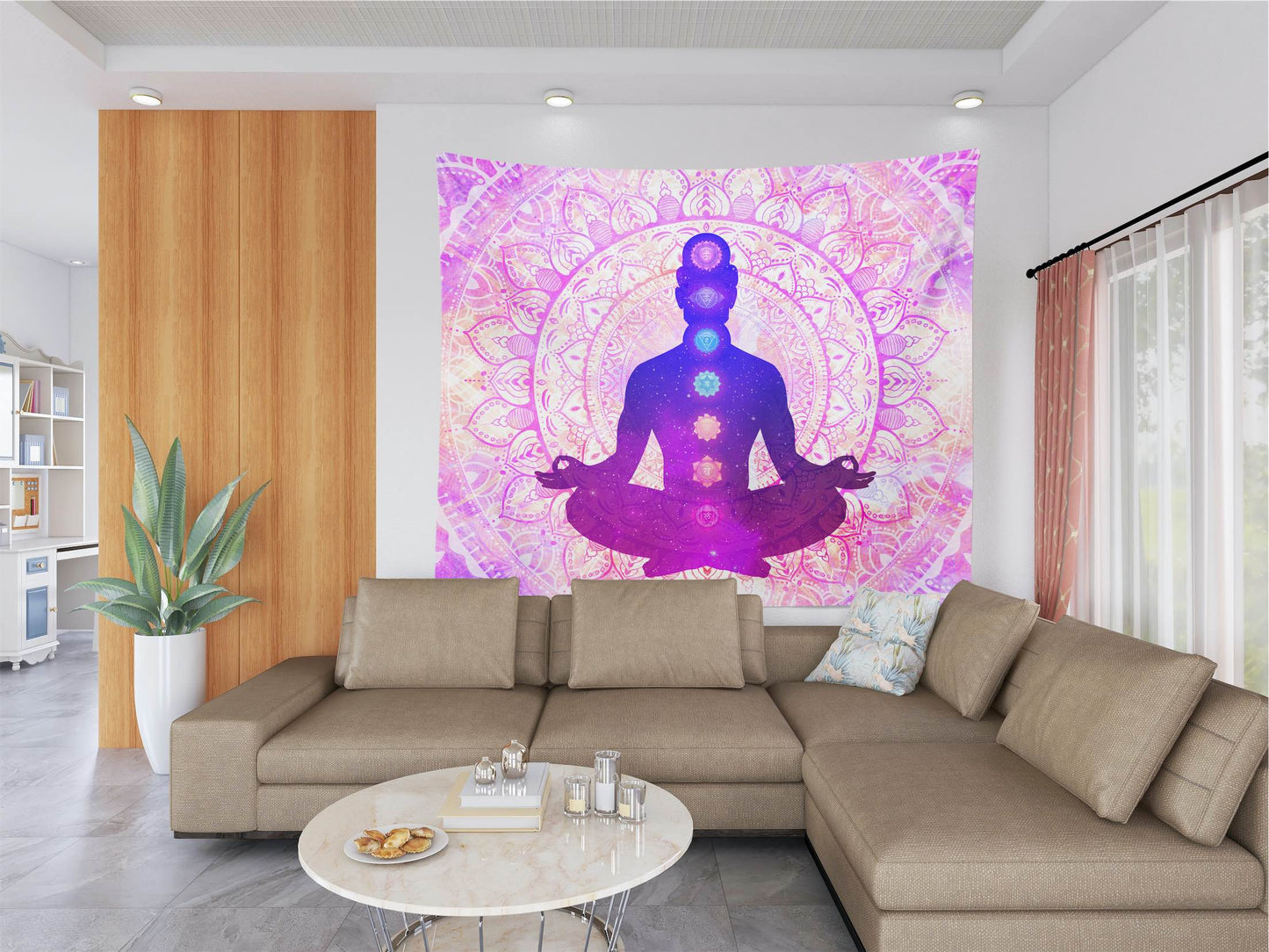 Pink Chakra Meditation large wall tapestry above couch