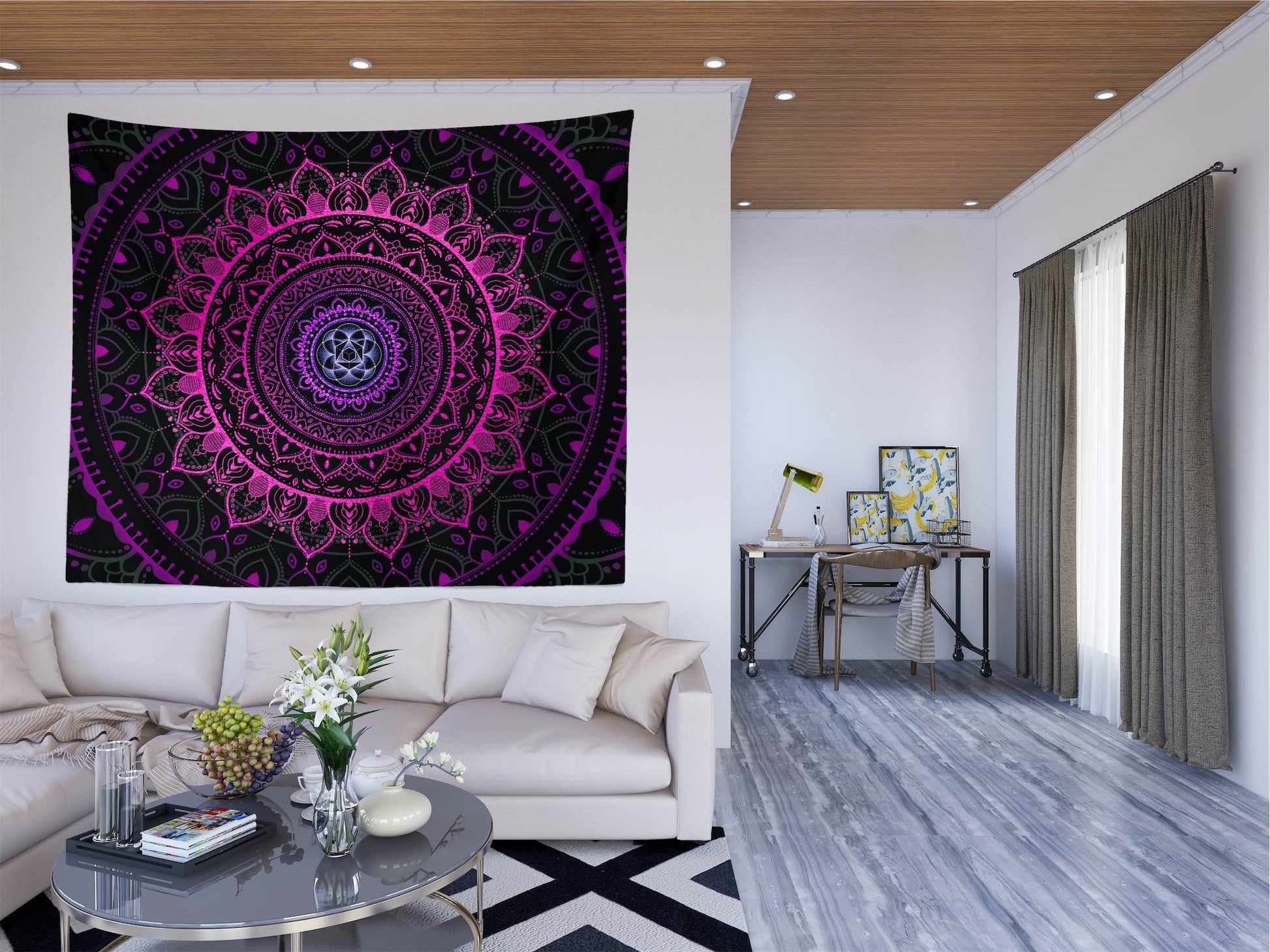 Pink Zen Mandala extra large wall tapestry in apartment