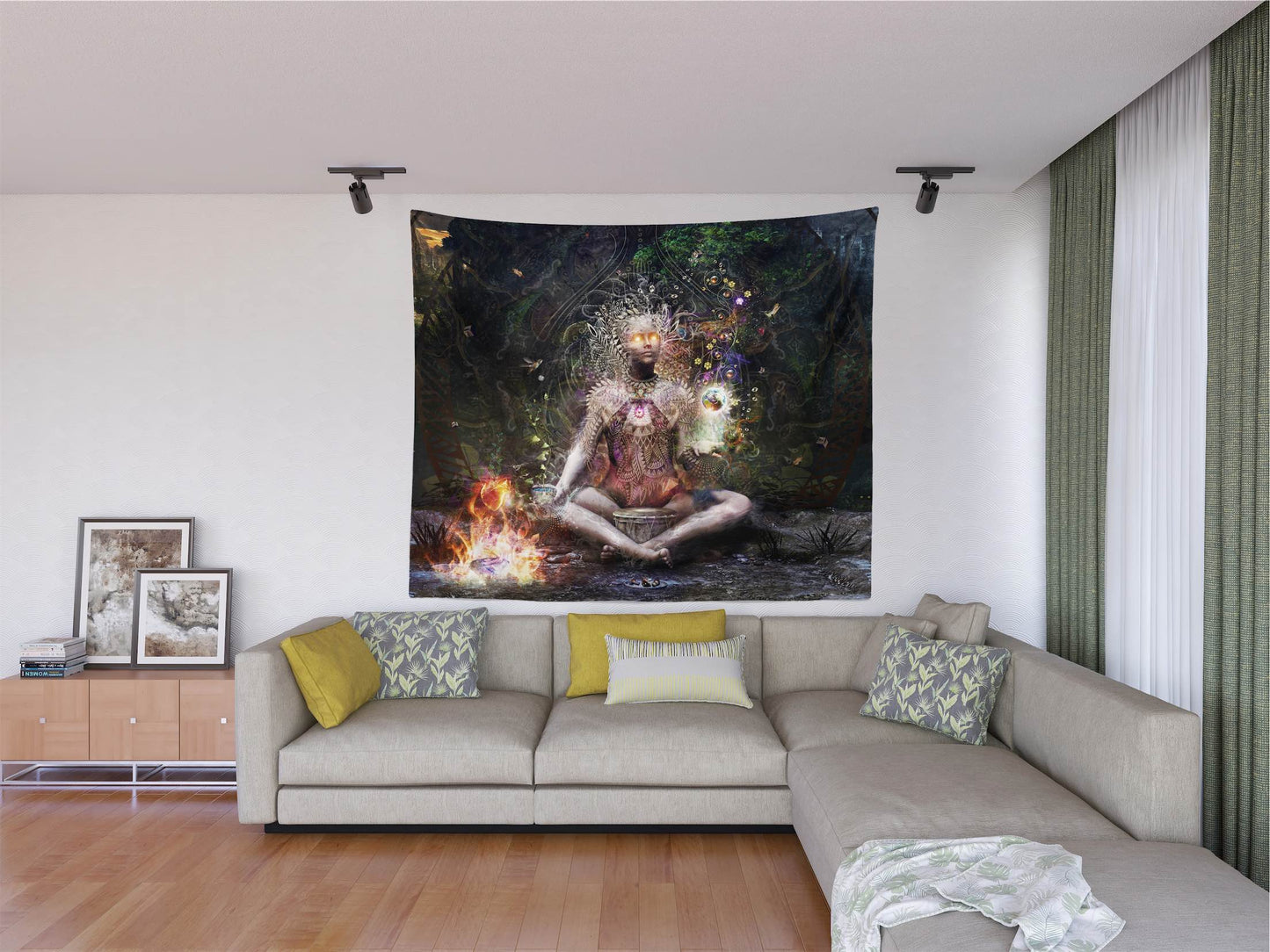 Trippy DMT ritual wall art tapestry above living room couch