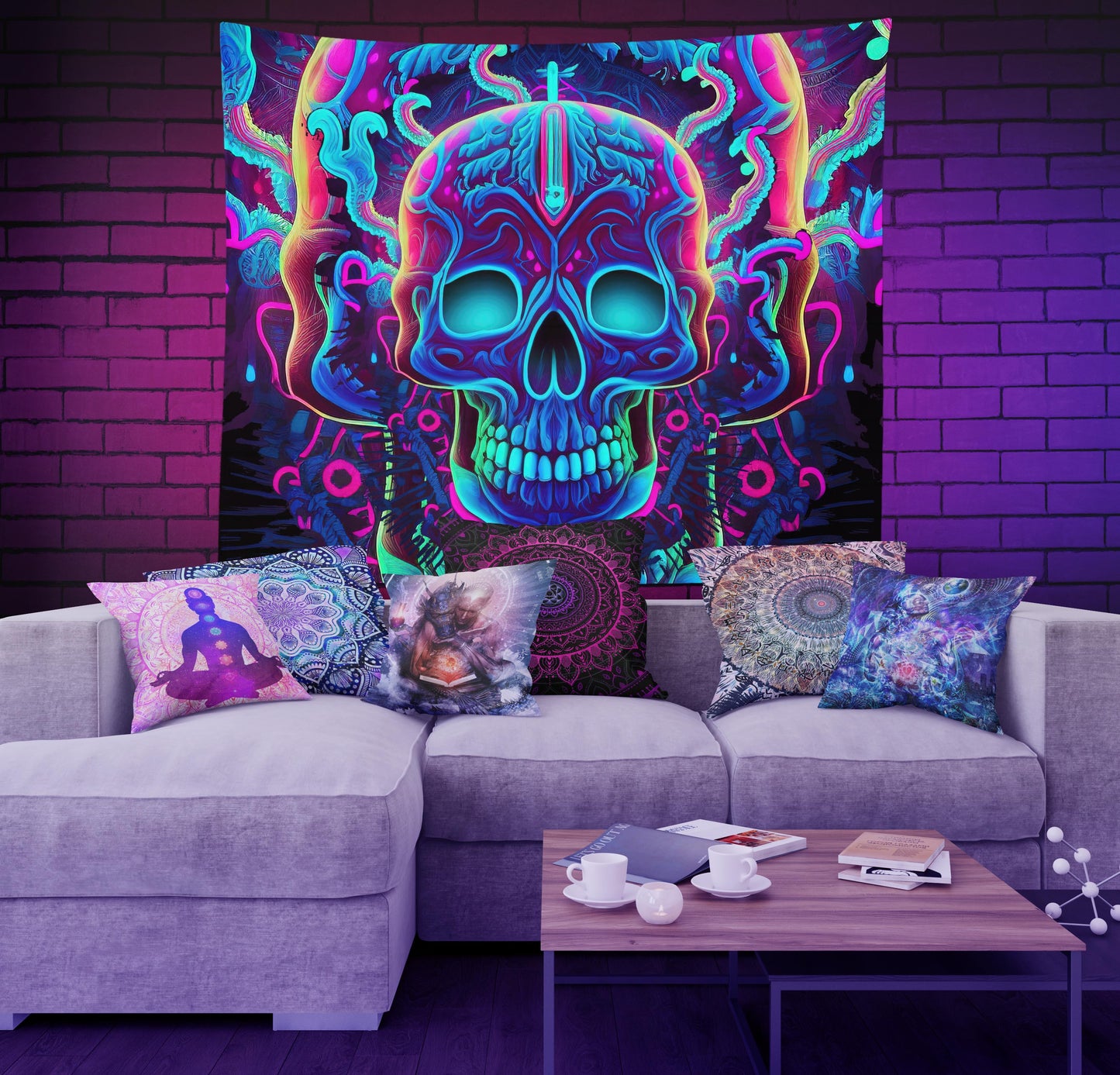 psychedelic skull tapestry dorm room aesthetic wall decor