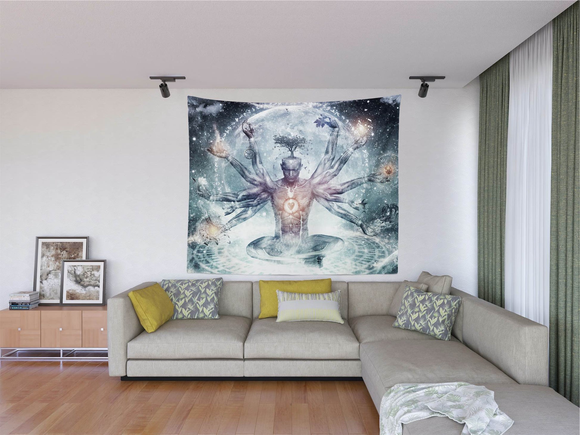 Trippy psychedelic meditating man in space, extra large wall art tapestry