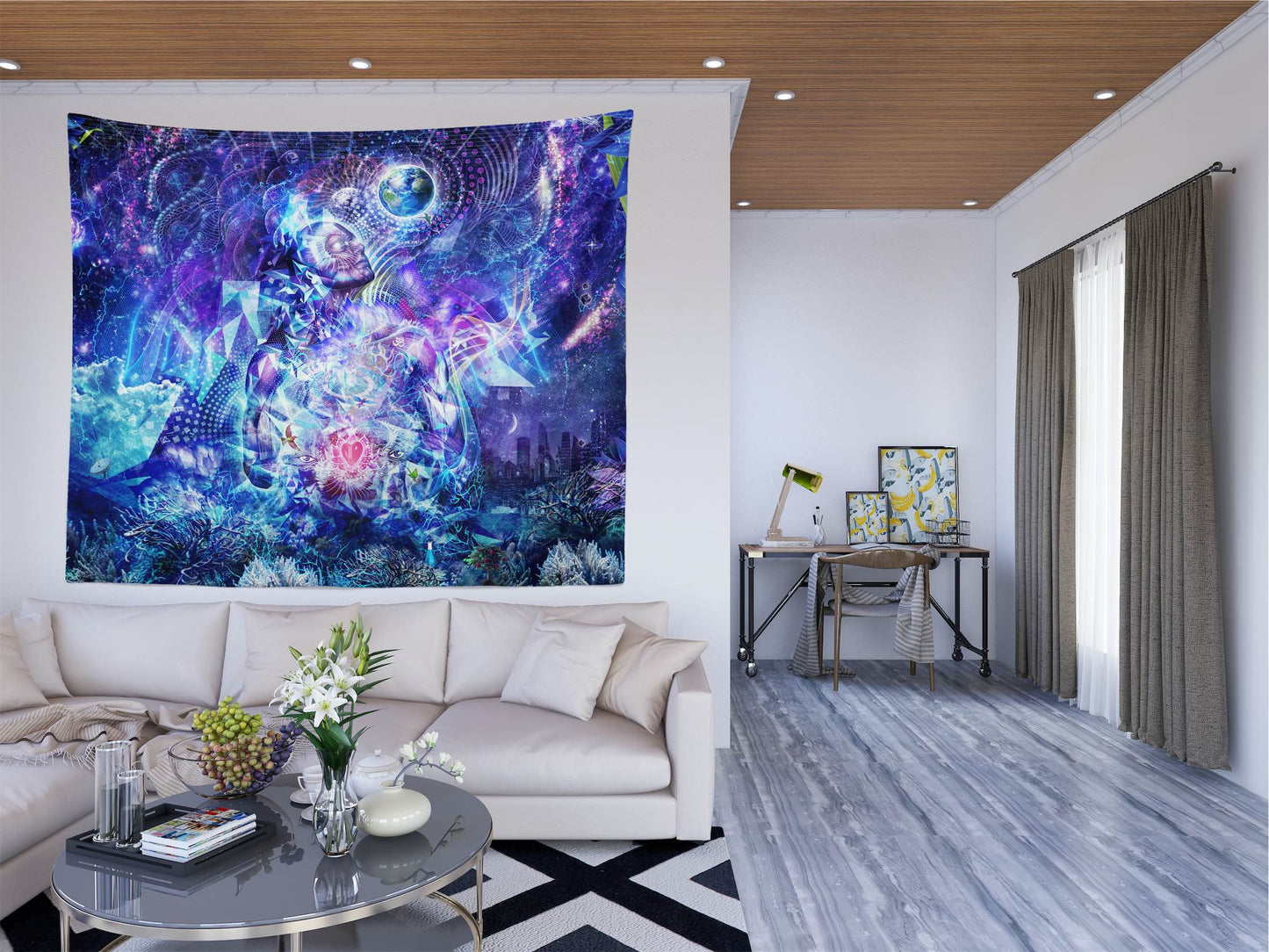 Trippy visionary art wall tapestry in apartment